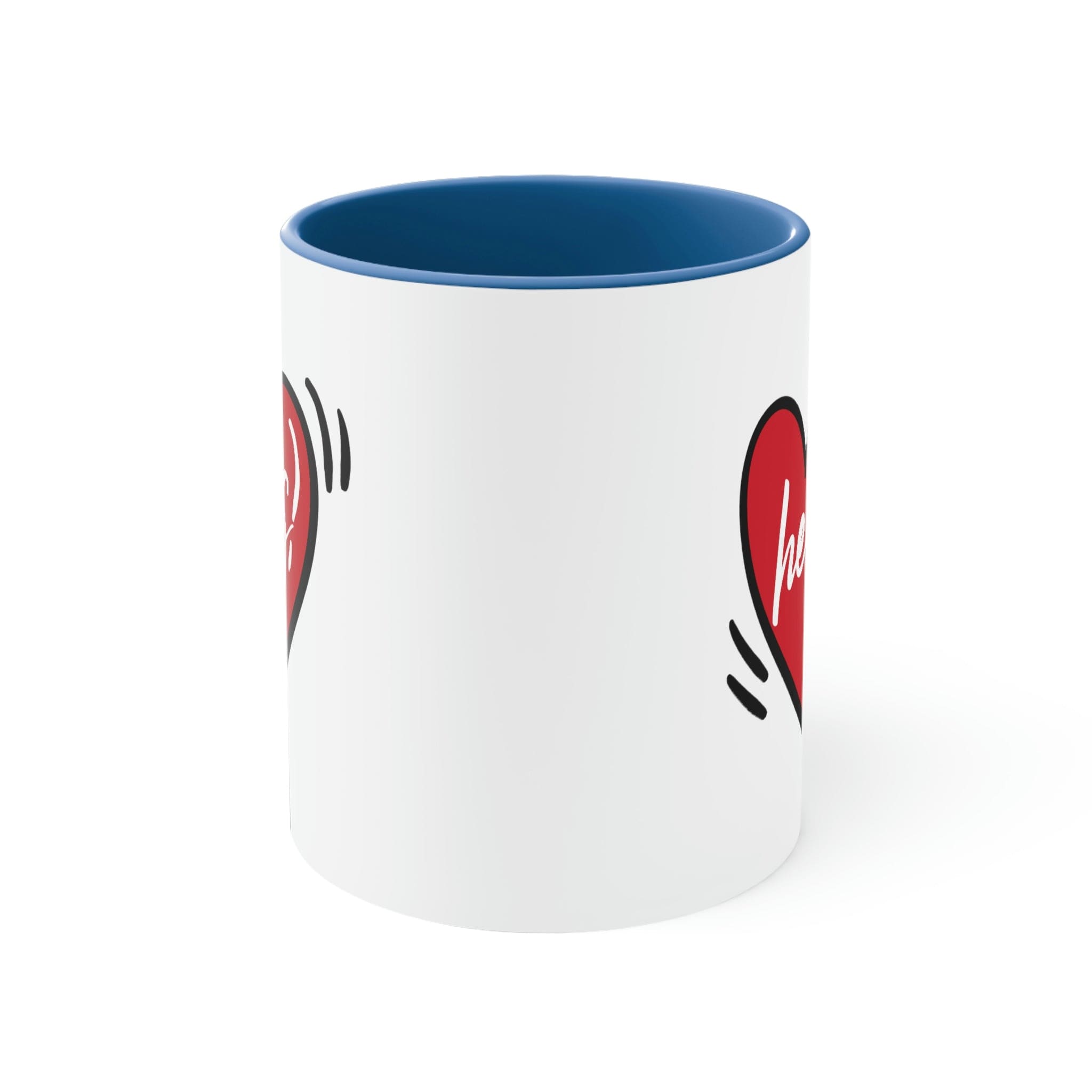 Two-tone ceramic mug with a white exterior and colored interior, featuring a comfortable C-handle, perfect for couples.