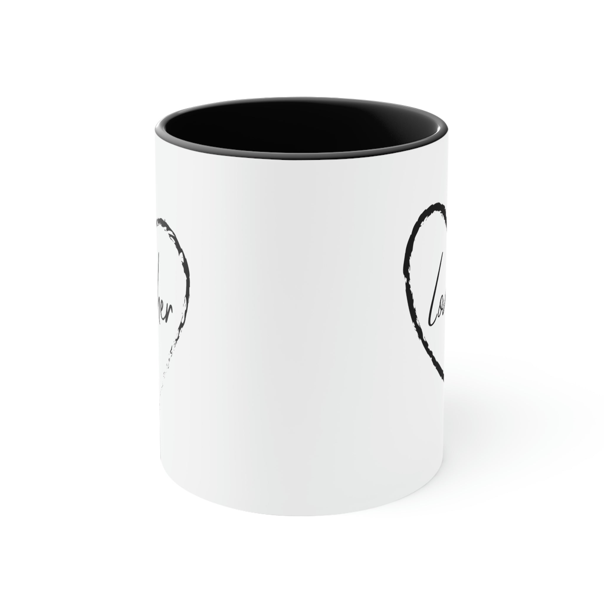 Two-tone ceramic mug with a white exterior and colorful interior and handle, featuring a comfortable C-handle design.
