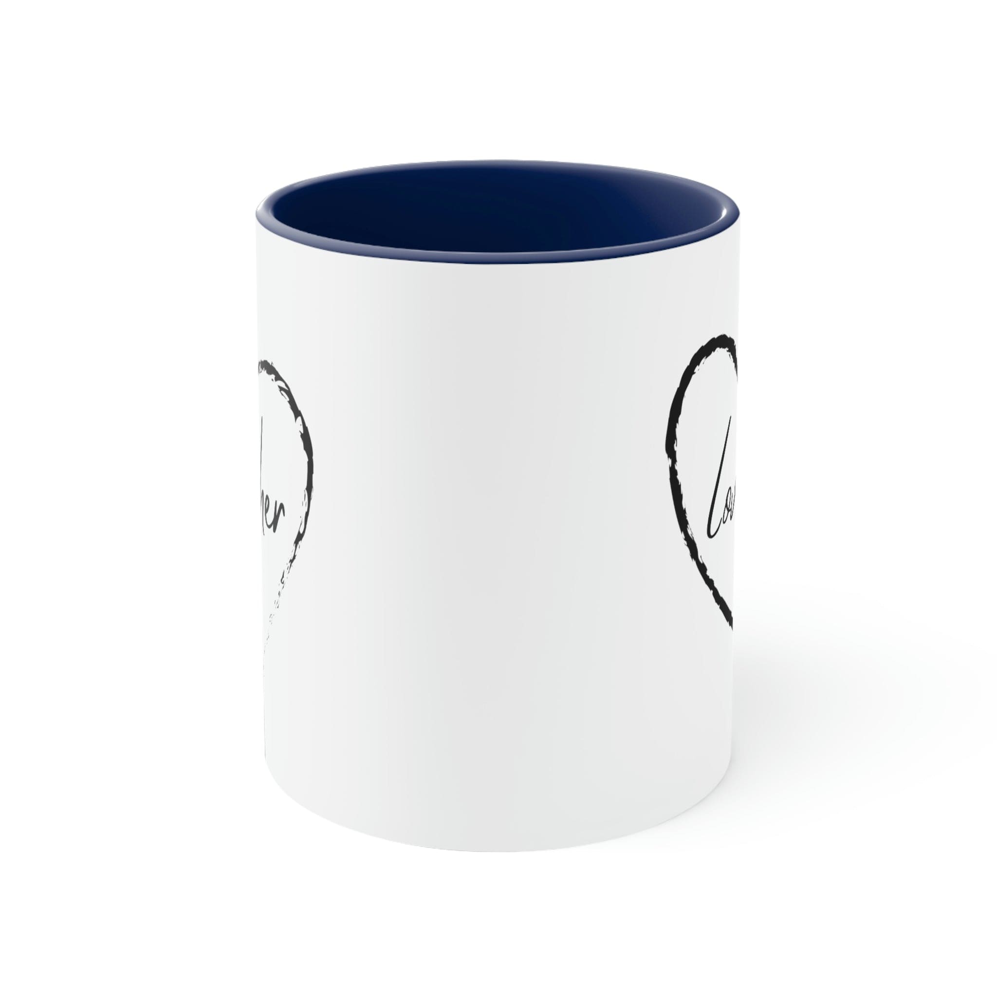 Two-tone ceramic mug with a white exterior and colorful interior and handle, featuring a comfortable C-handle design.