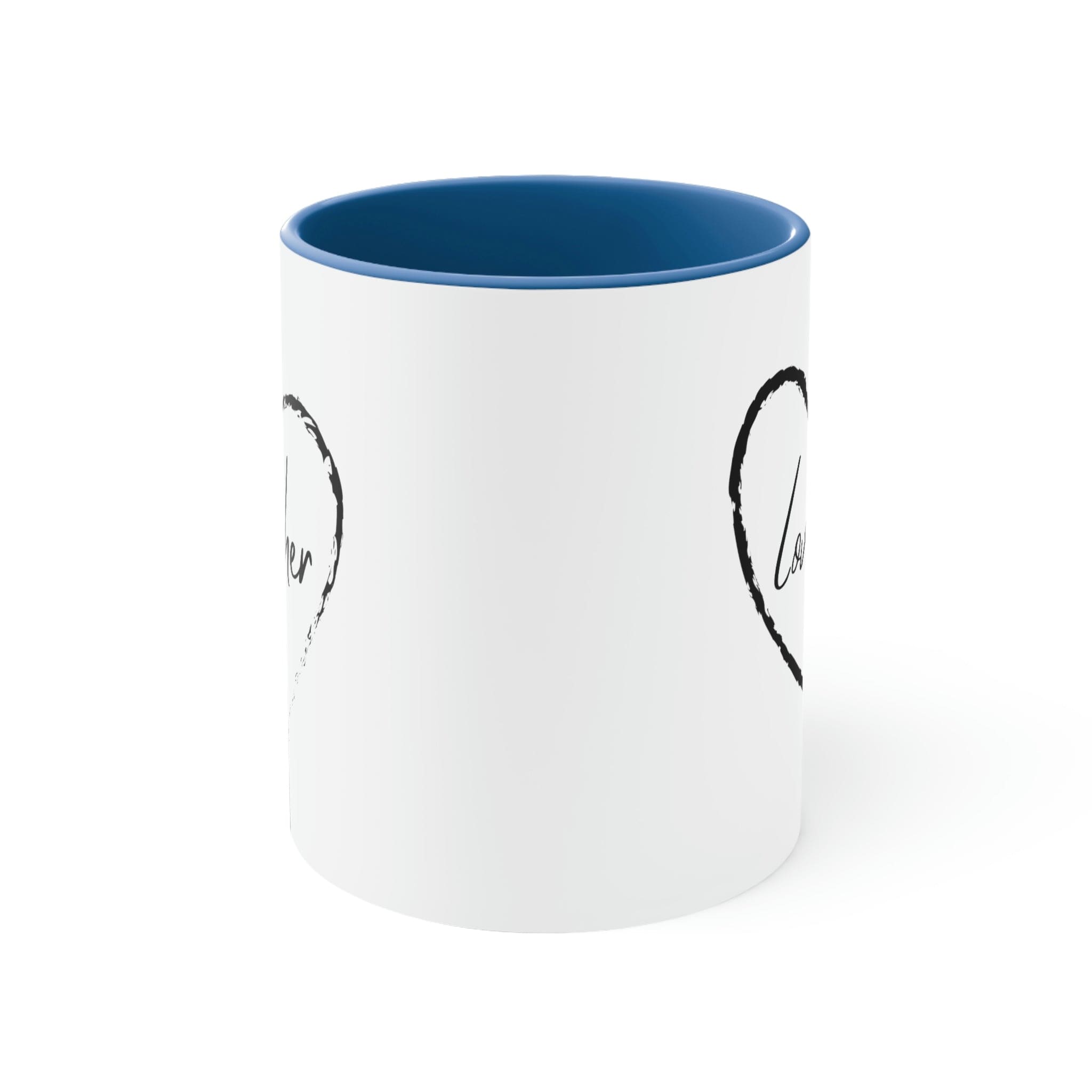 Two-tone ceramic mug with a white exterior and colorful interior and handle, featuring a comfortable C-handle design.