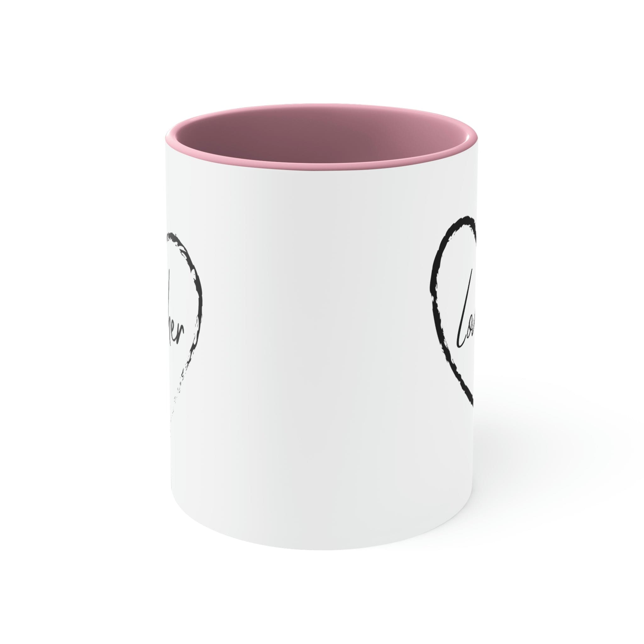 Two-tone ceramic mug with a white exterior and colorful interior and handle, featuring a comfortable C-handle design.
