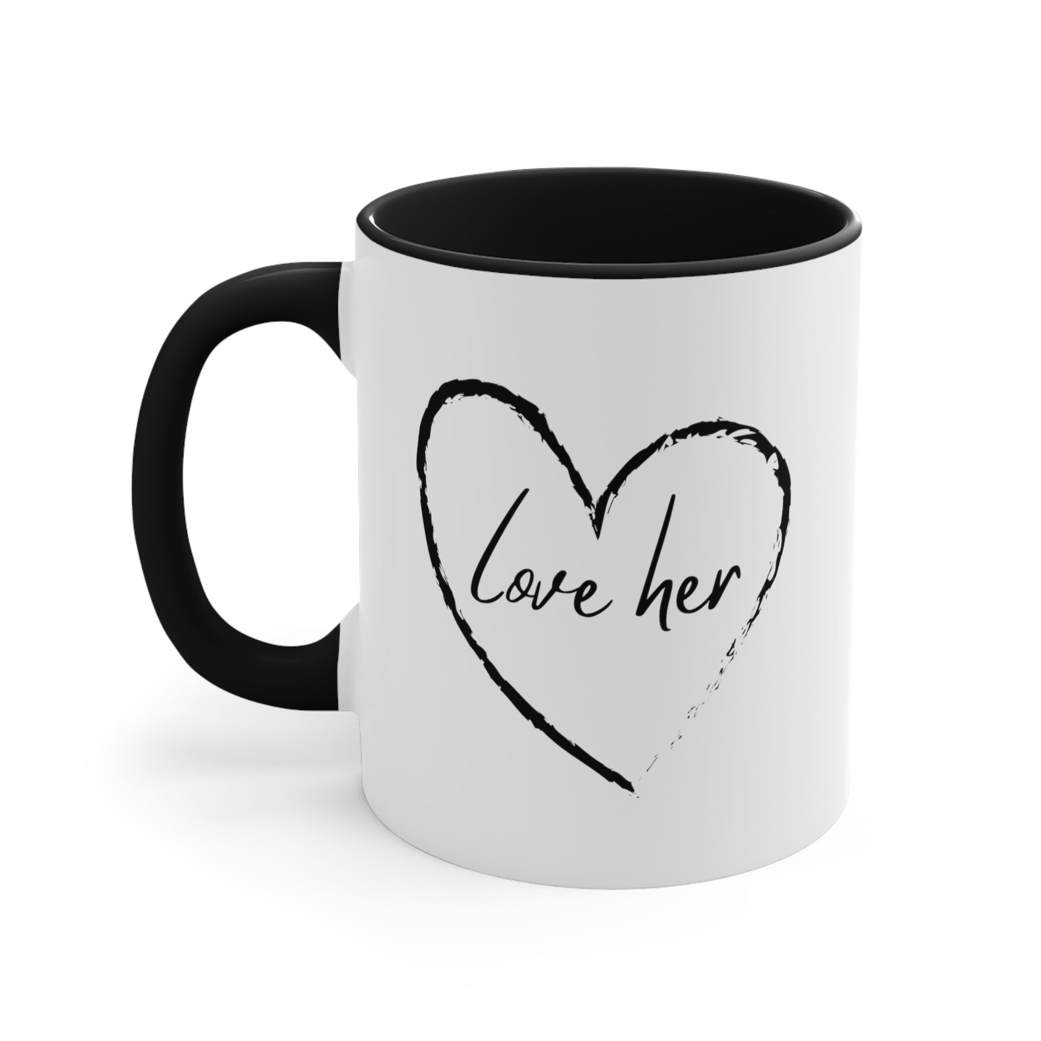 Two-tone ceramic mug with a white exterior and colorful interior and handle, featuring a comfortable C-handle design.