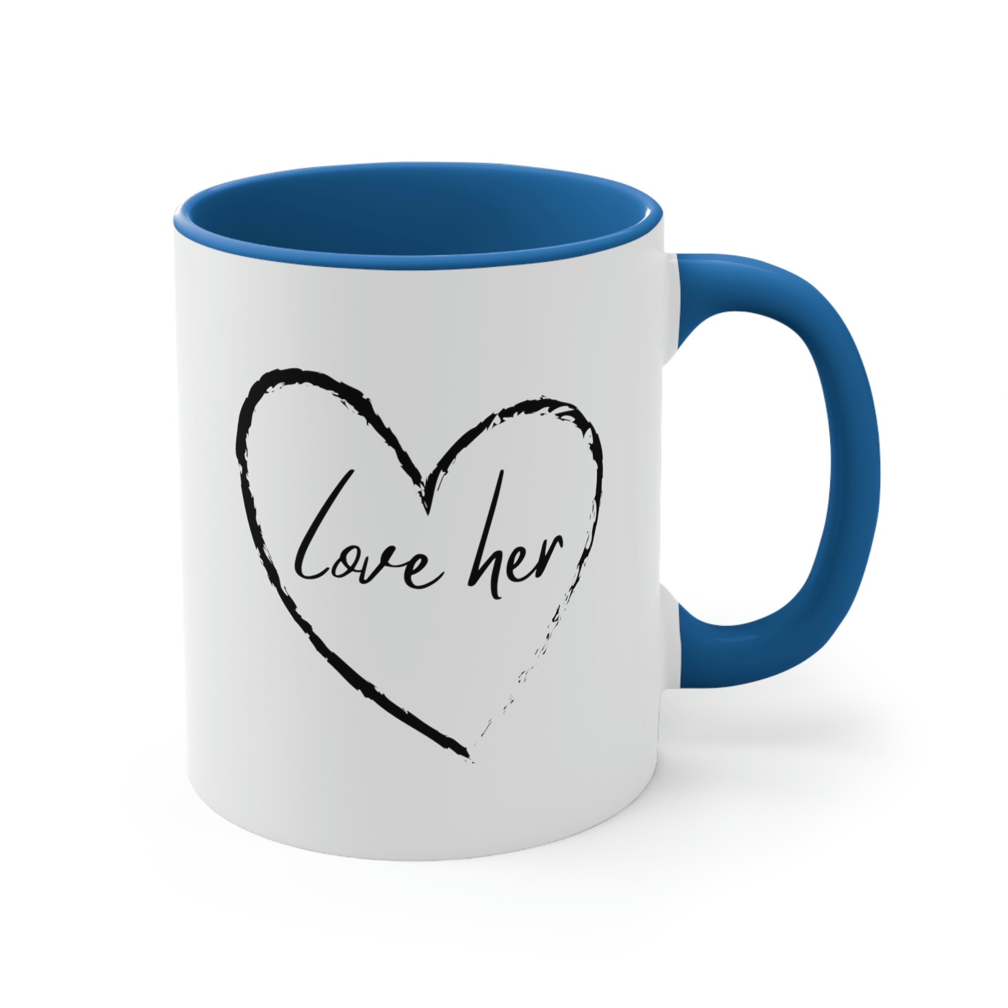 Two-tone ceramic mug with a white exterior and colorful interior and handle, featuring a comfortable C-handle design.