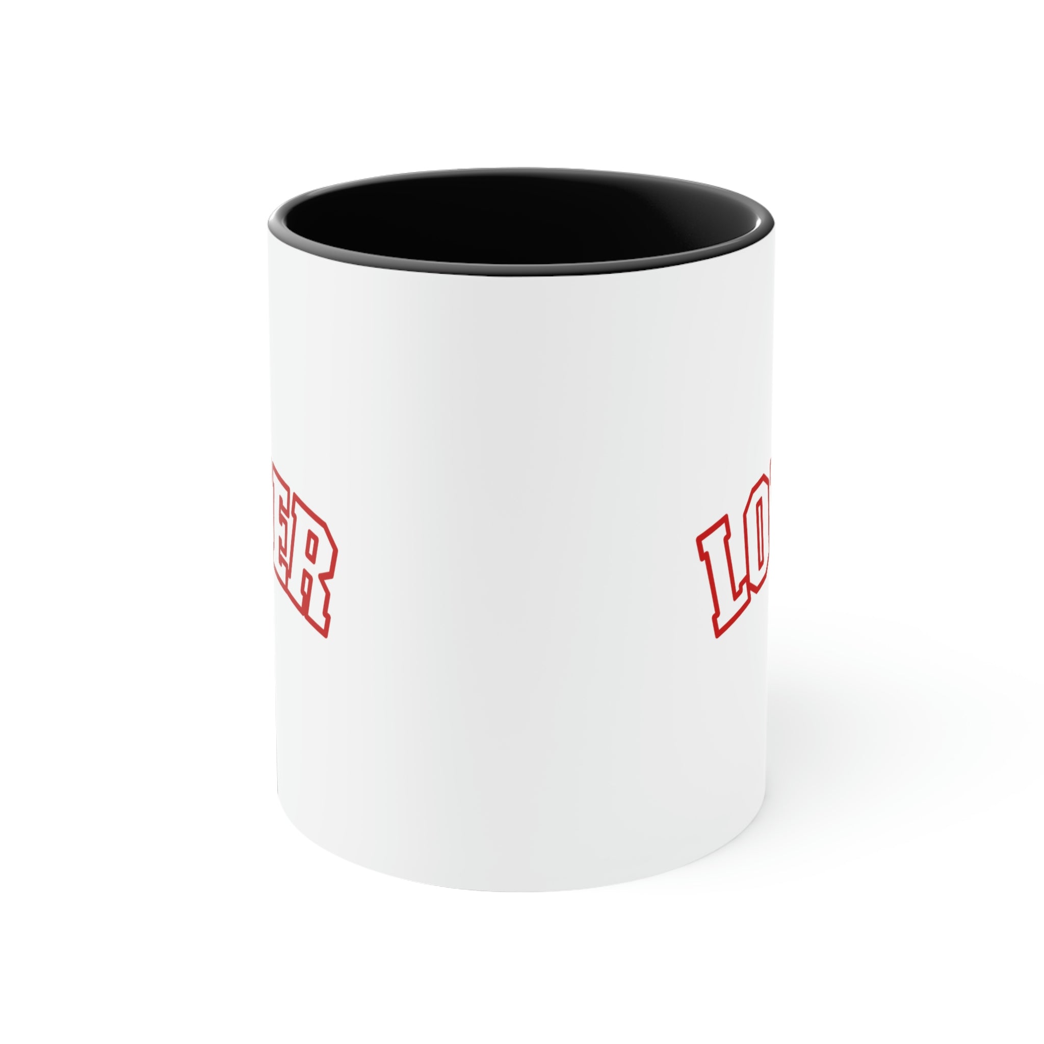 Two-tone Accent Ceramic Mug 11oz in red with a white body and C-handle, showcasing a vibrant color contrast.