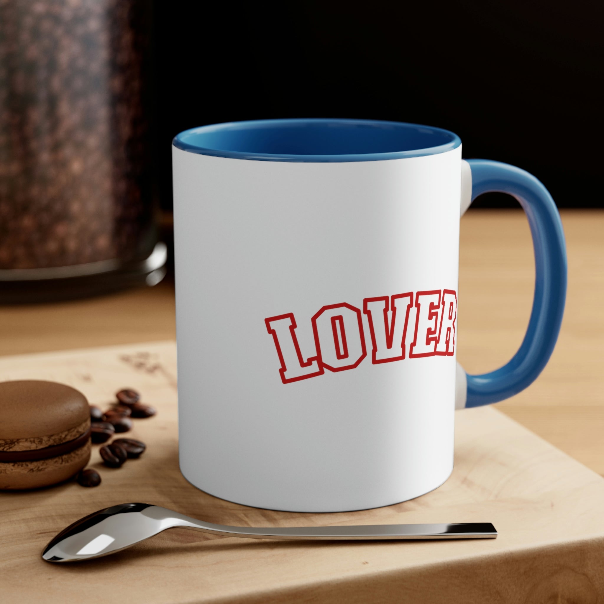 Two-tone Accent Ceramic Mug 11oz in red with a white body and C-handle, showcasing a vibrant color contrast.