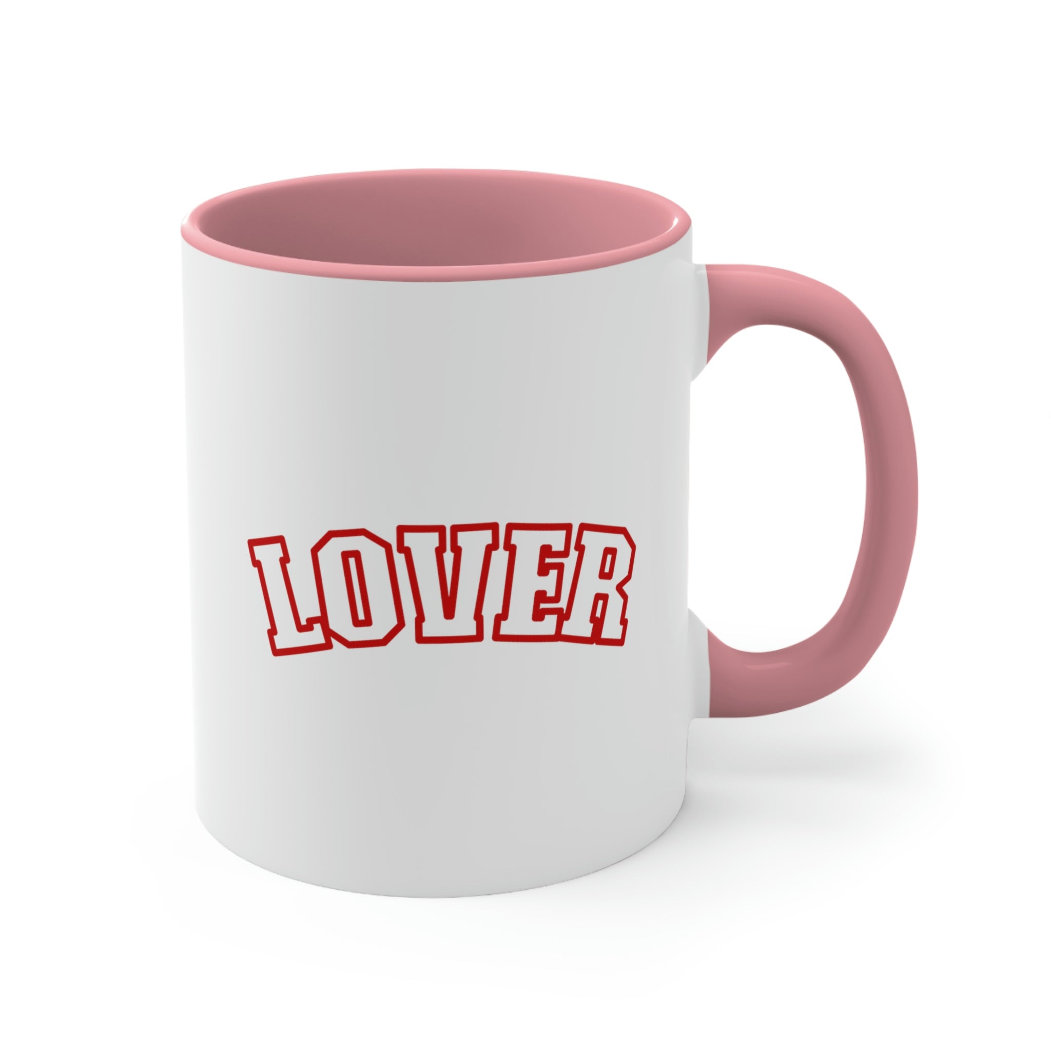 Two-tone Accent Ceramic Mug 11oz in red with a white body and C-handle, showcasing a vibrant color contrast.
