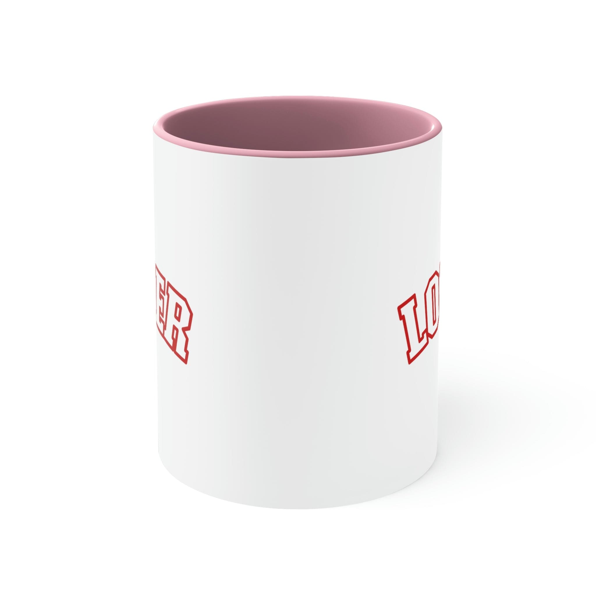 Two-tone Accent Ceramic Mug 11oz in red with a white body and C-handle, showcasing a vibrant color contrast.