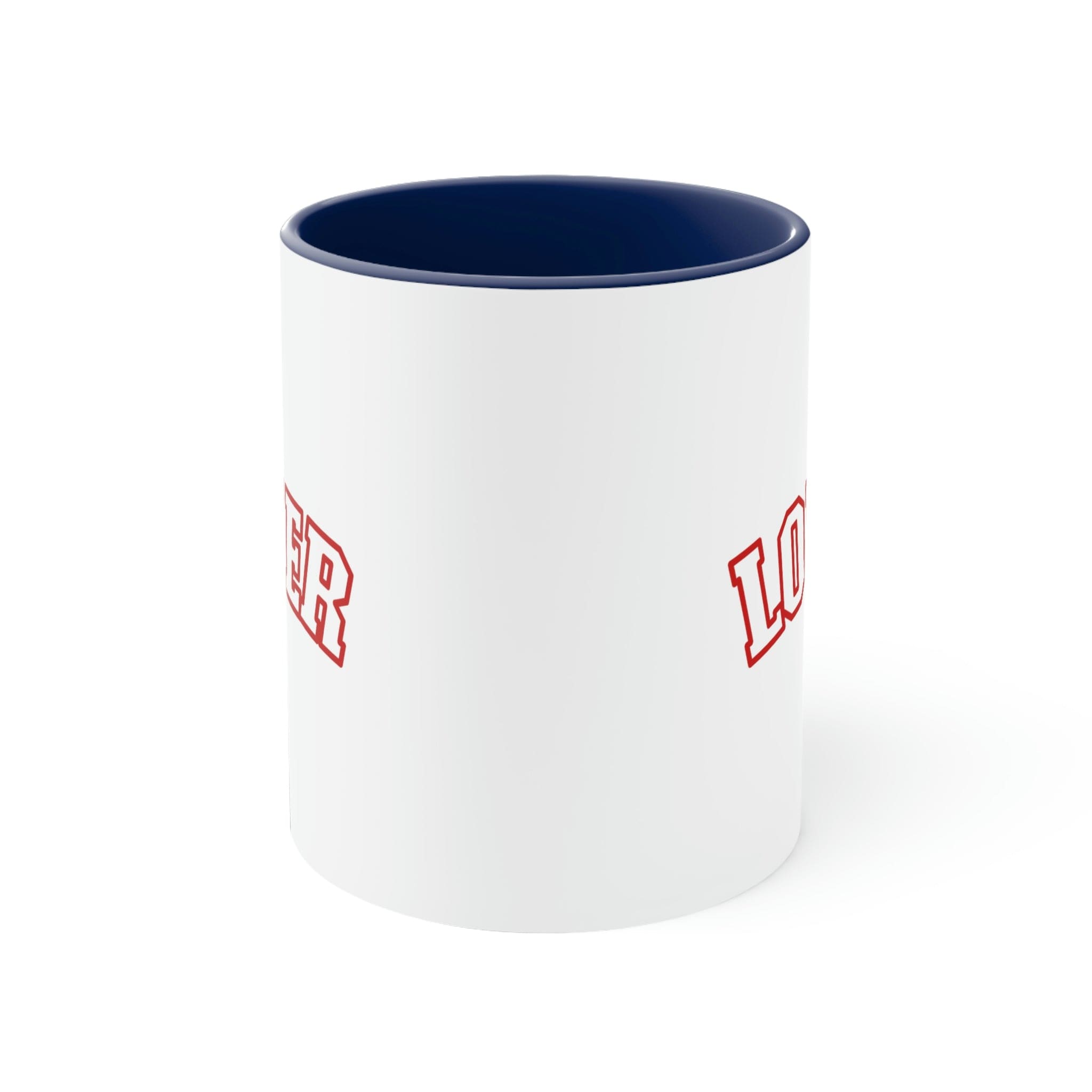 Two-tone Accent Ceramic Mug 11oz in red with a white body and C-handle, showcasing a vibrant color contrast.