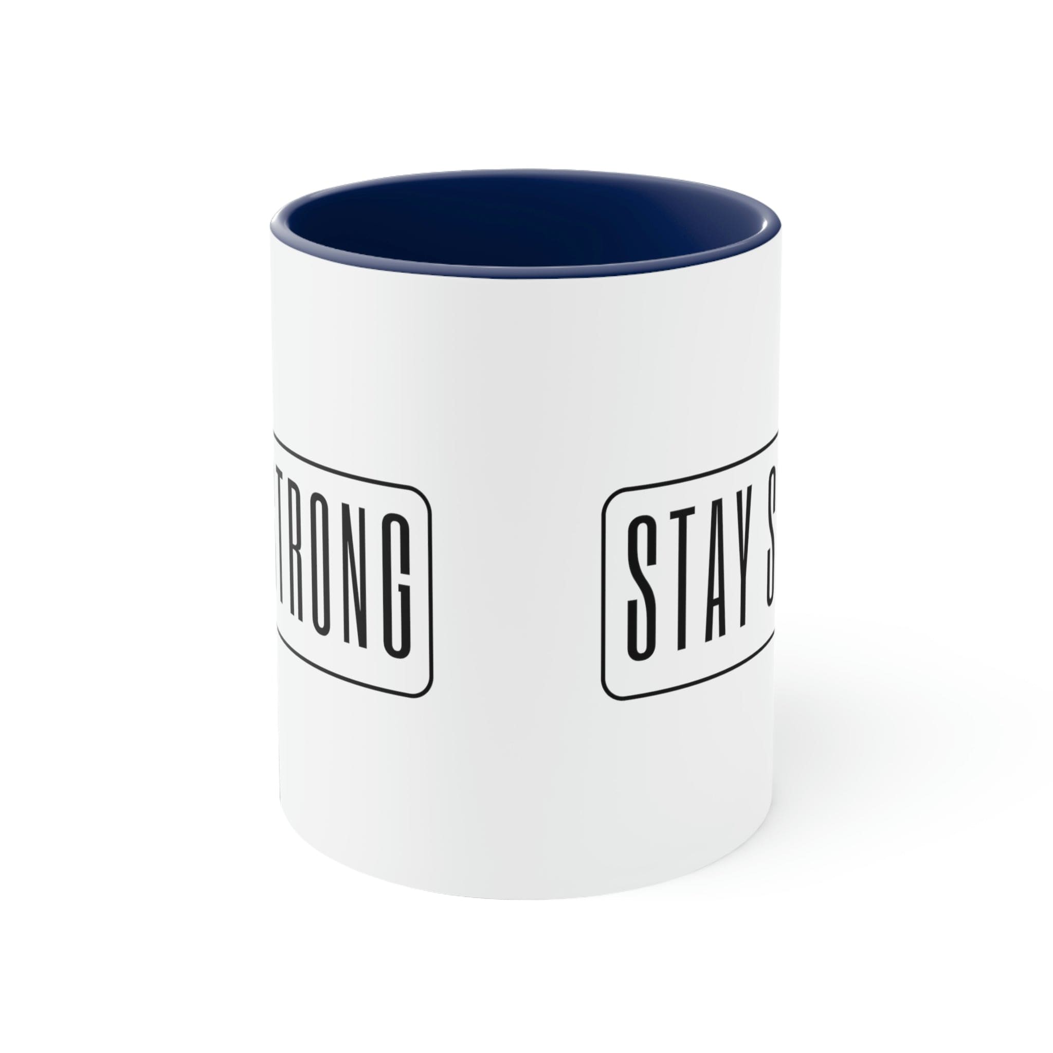 Two-tone ceramic mug with a white exterior and colored interior featuring a Stay Strong illustration, showcasing a comfortable C-handle.