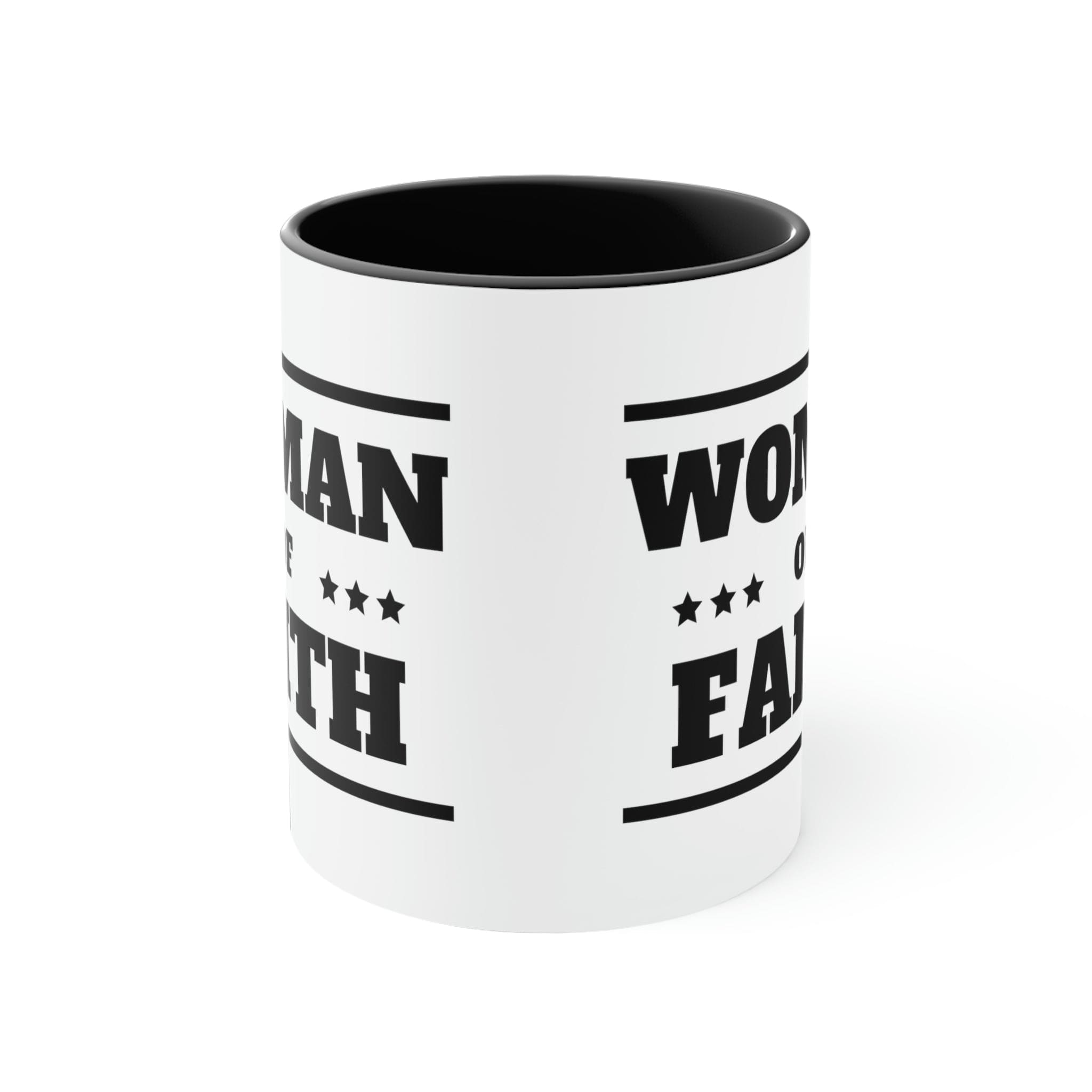 Two-tone Accent Ceramic Mug with Woman of Faith illustration, featuring a white exterior and colorful interior and handle.
