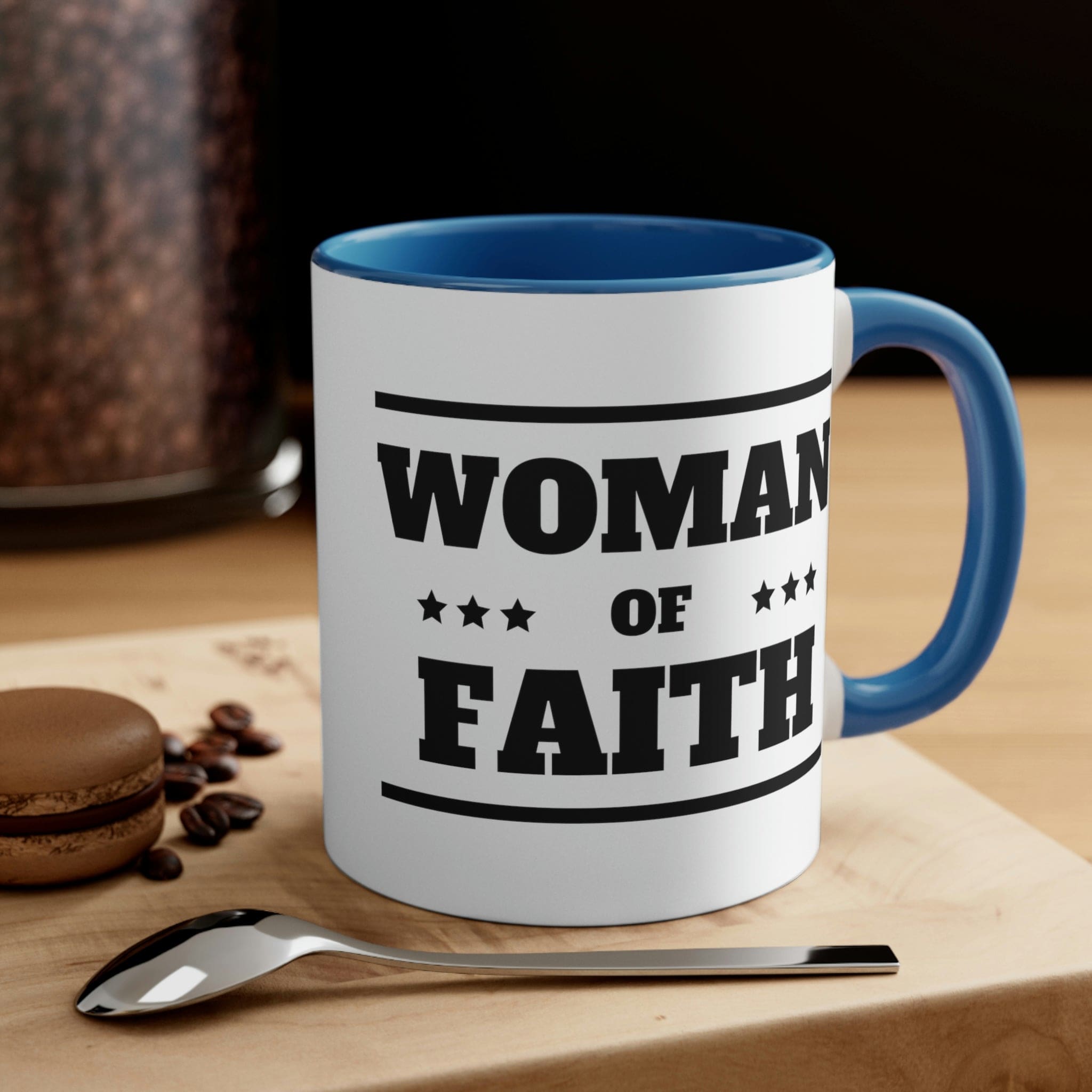 Two-tone Accent Ceramic Mug with Woman of Faith illustration, featuring a white exterior and colorful interior and handle.