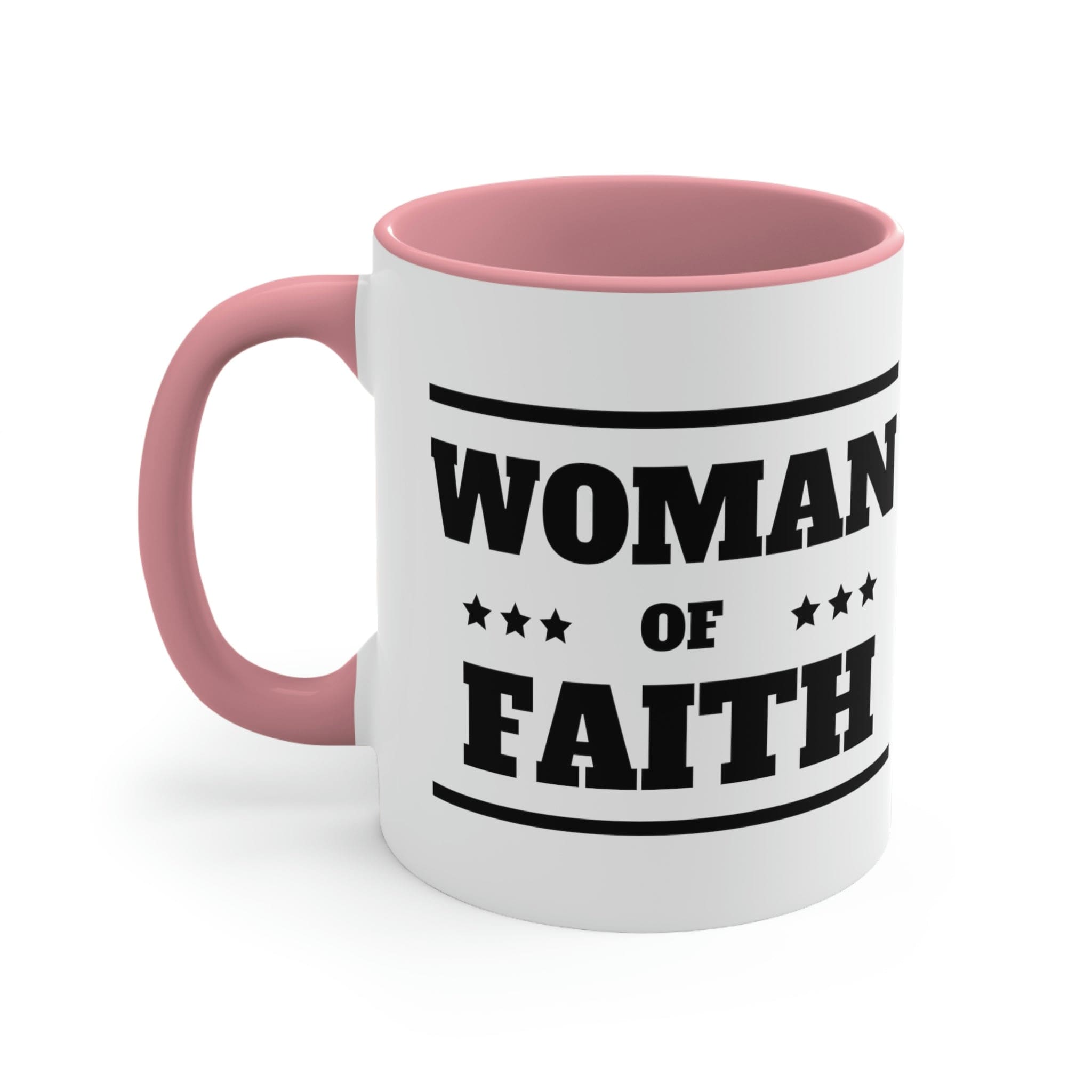 Two-tone Accent Ceramic Mug with Woman of Faith illustration, featuring a white exterior and colorful interior and handle.