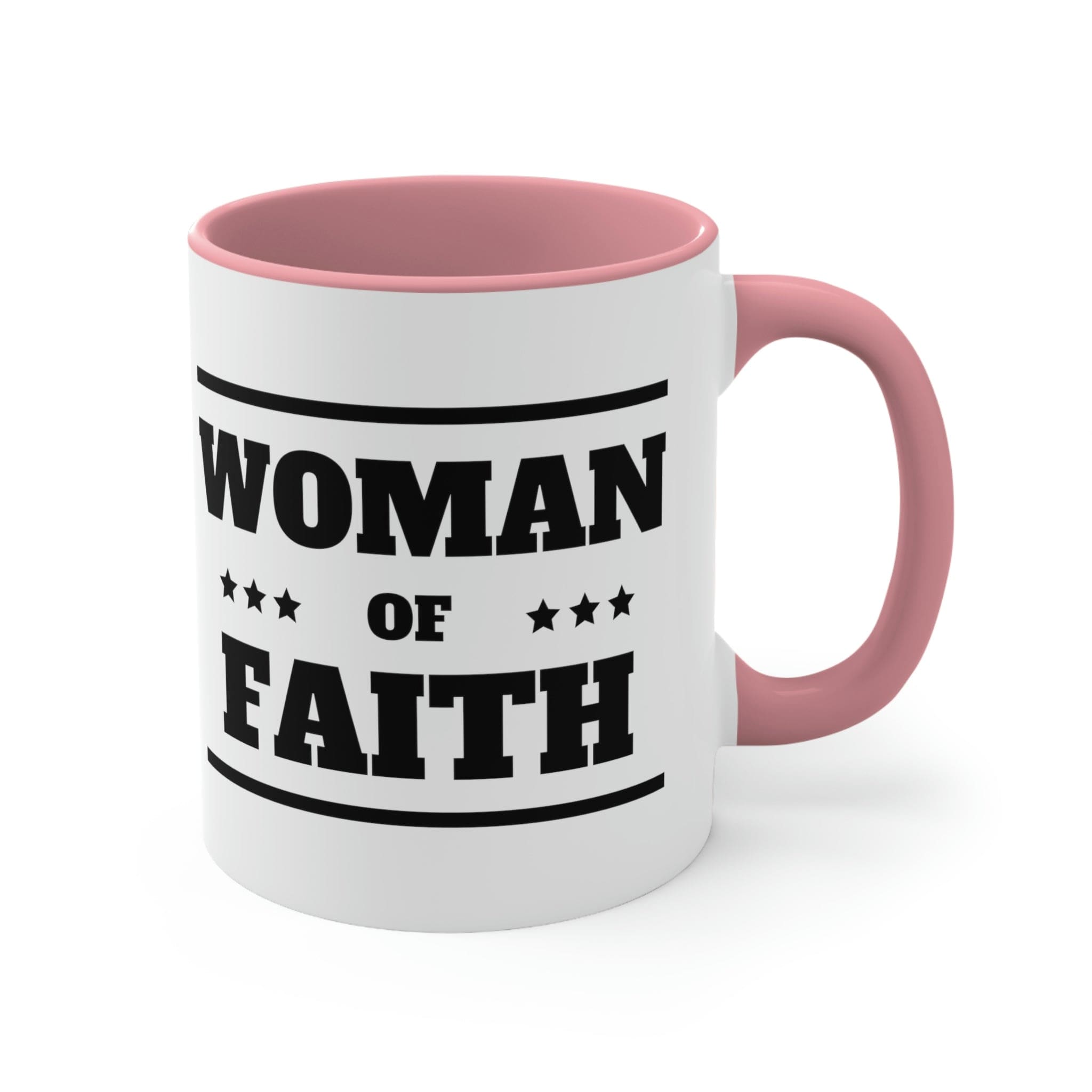 Two-tone Accent Ceramic Mug with Woman of Faith illustration, featuring a white exterior and colorful interior and handle.