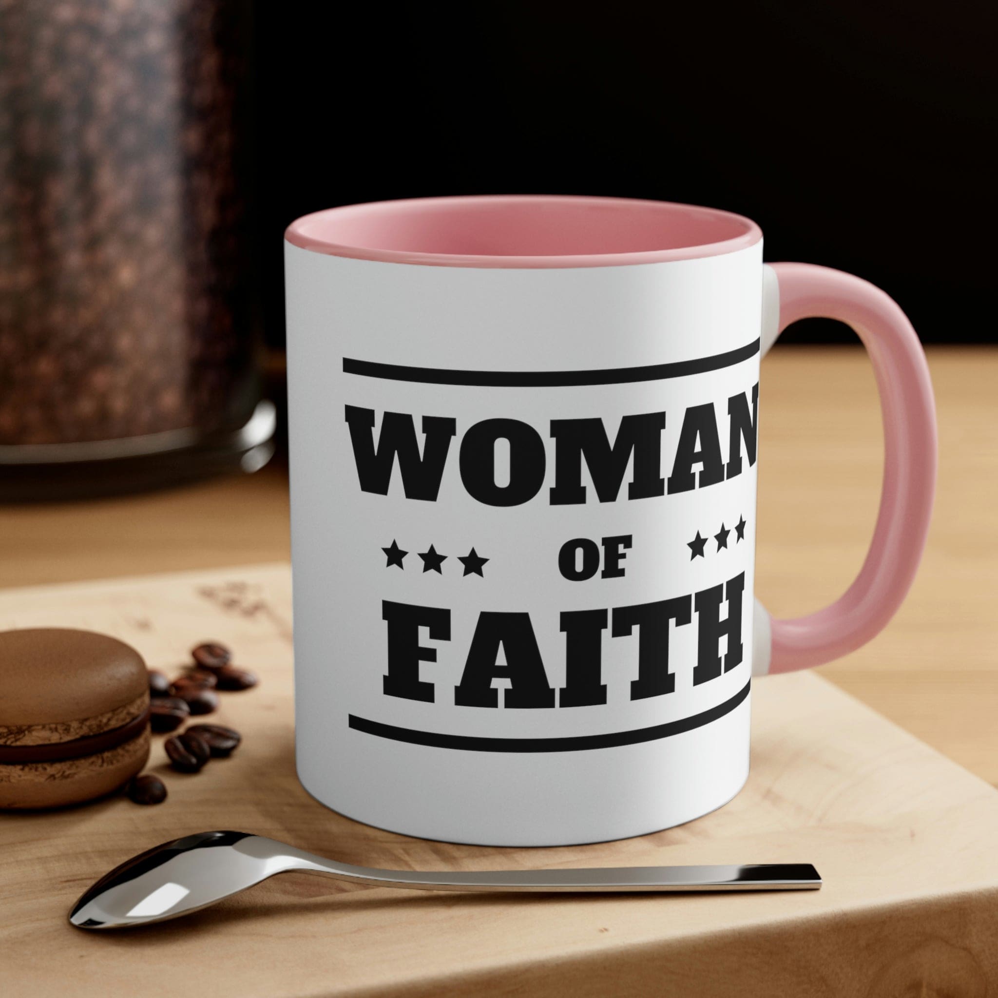 Two-tone Accent Ceramic Mug with Woman of Faith illustration, featuring a white exterior and colorful interior and handle.
