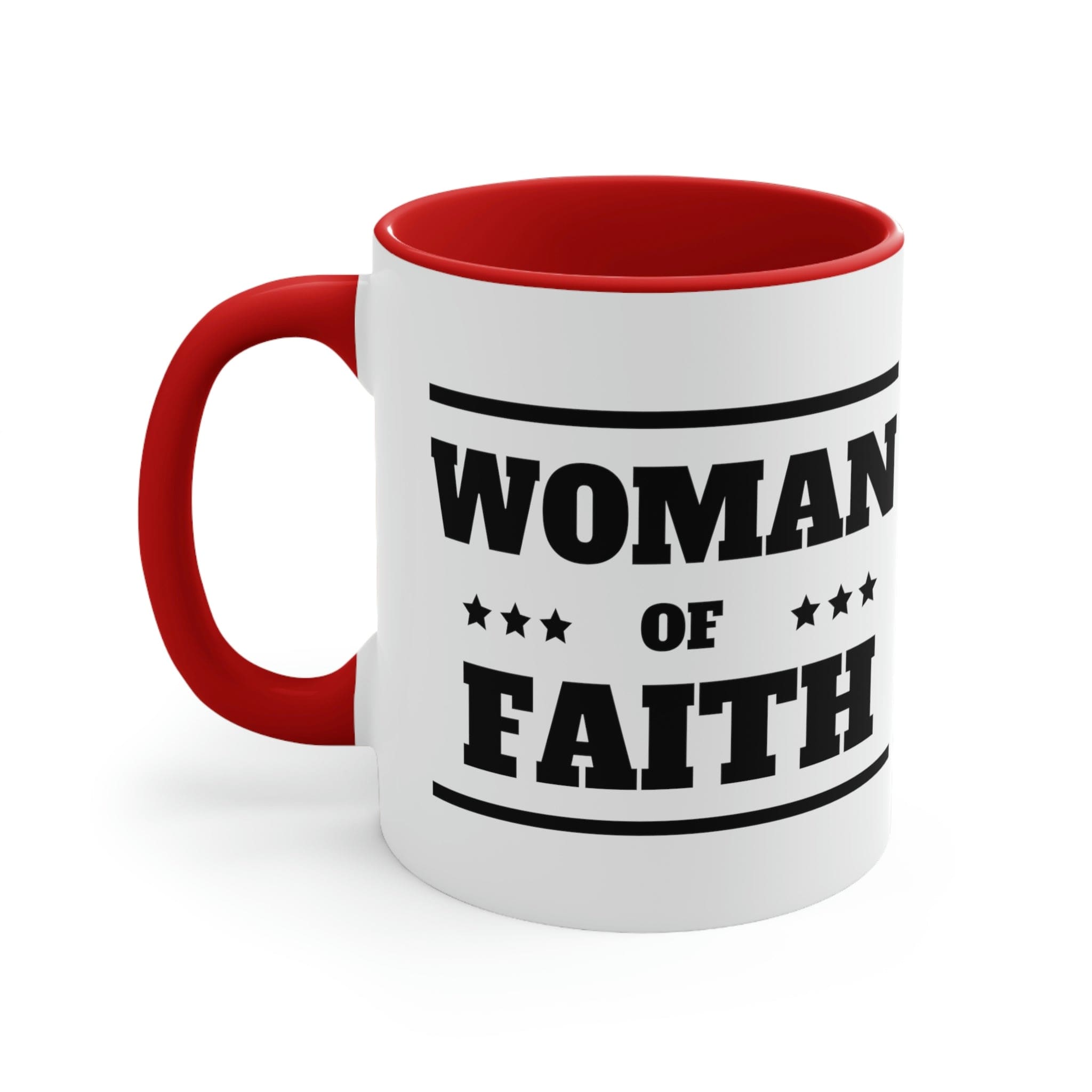 Two-tone Accent Ceramic Mug with Woman of Faith illustration, featuring a white exterior and colorful interior and handle.