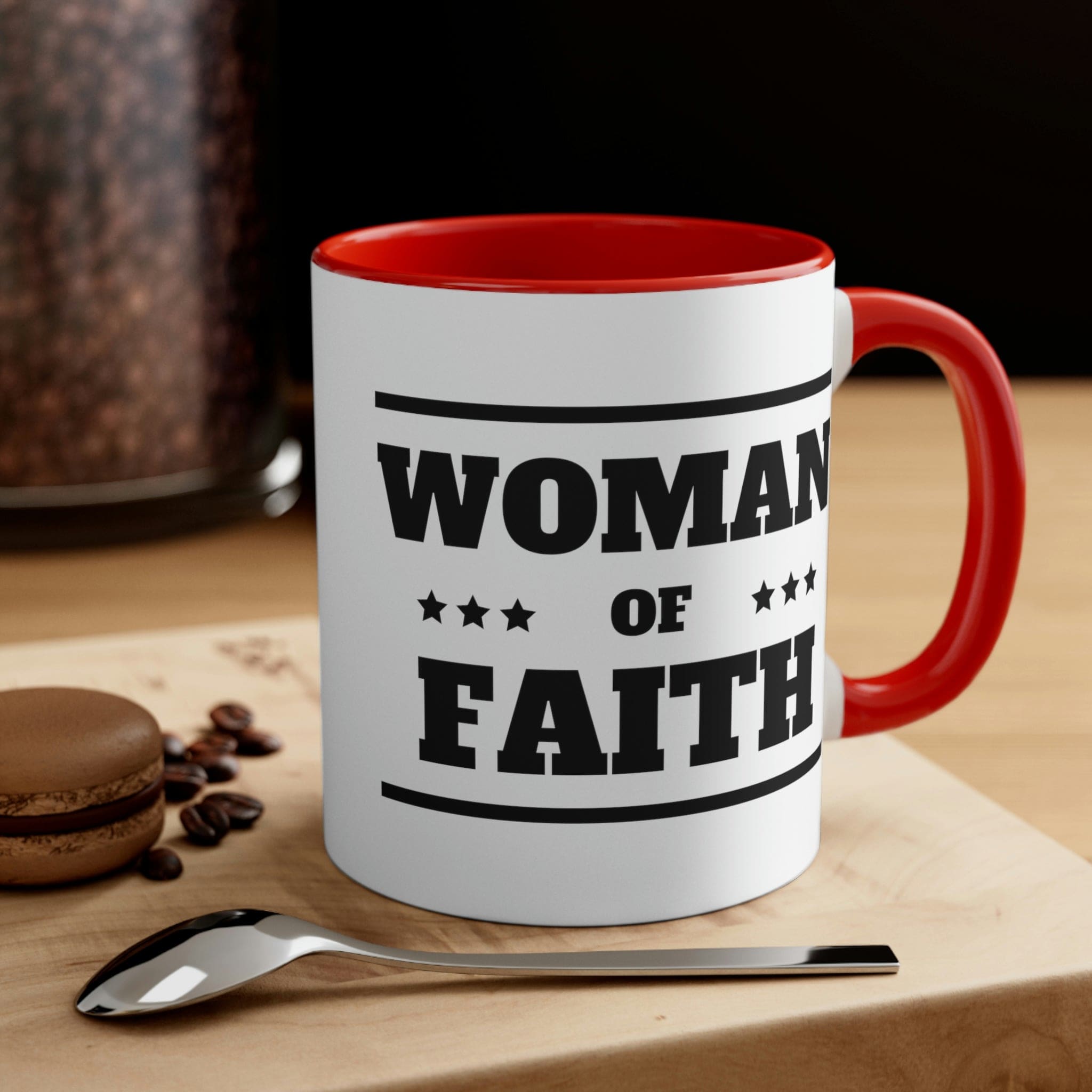 Two-tone Accent Ceramic Mug with Woman of Faith illustration, featuring a white exterior and colorful interior and handle.