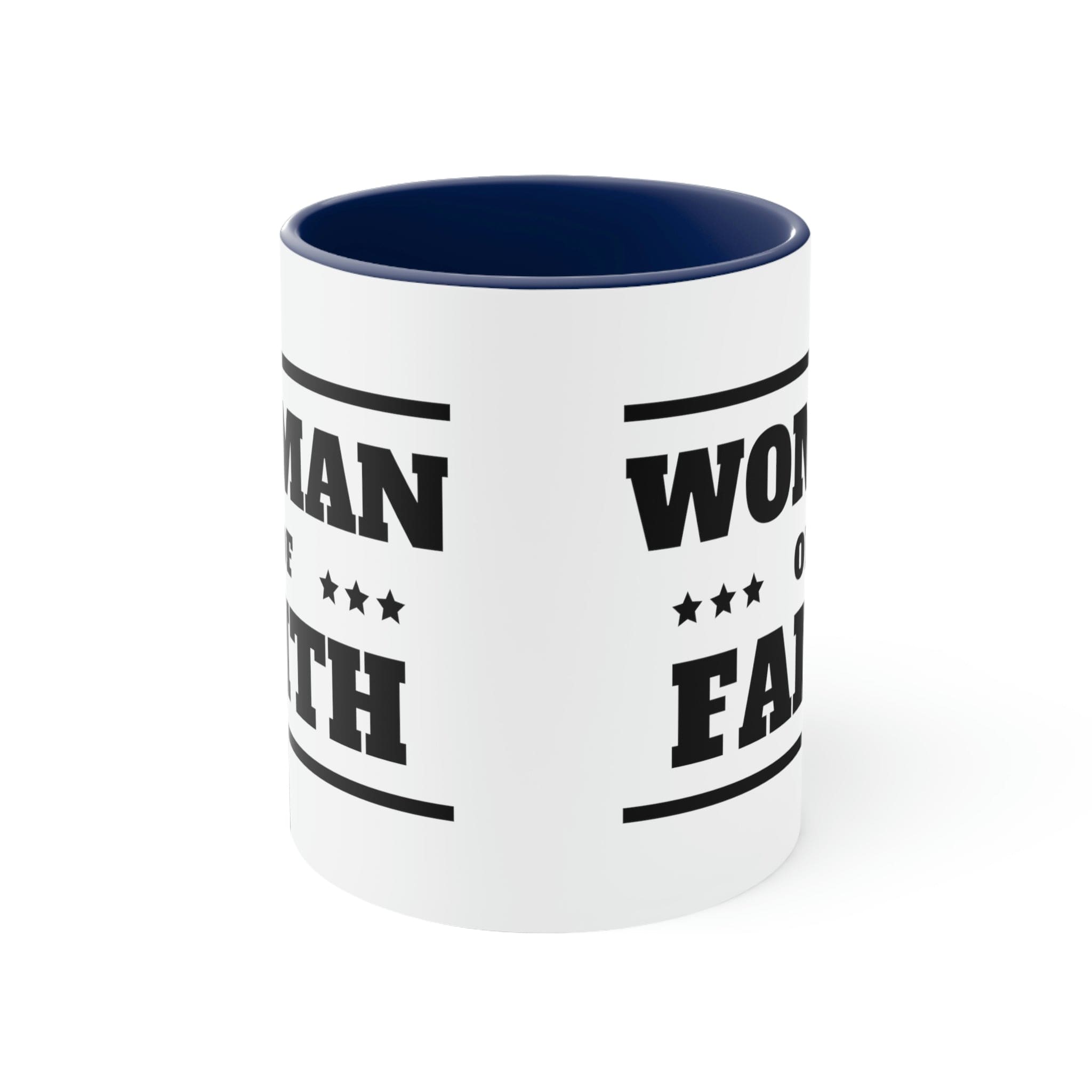 Two-tone Accent Ceramic Mug with Woman of Faith illustration, featuring a white exterior and colorful interior and handle.