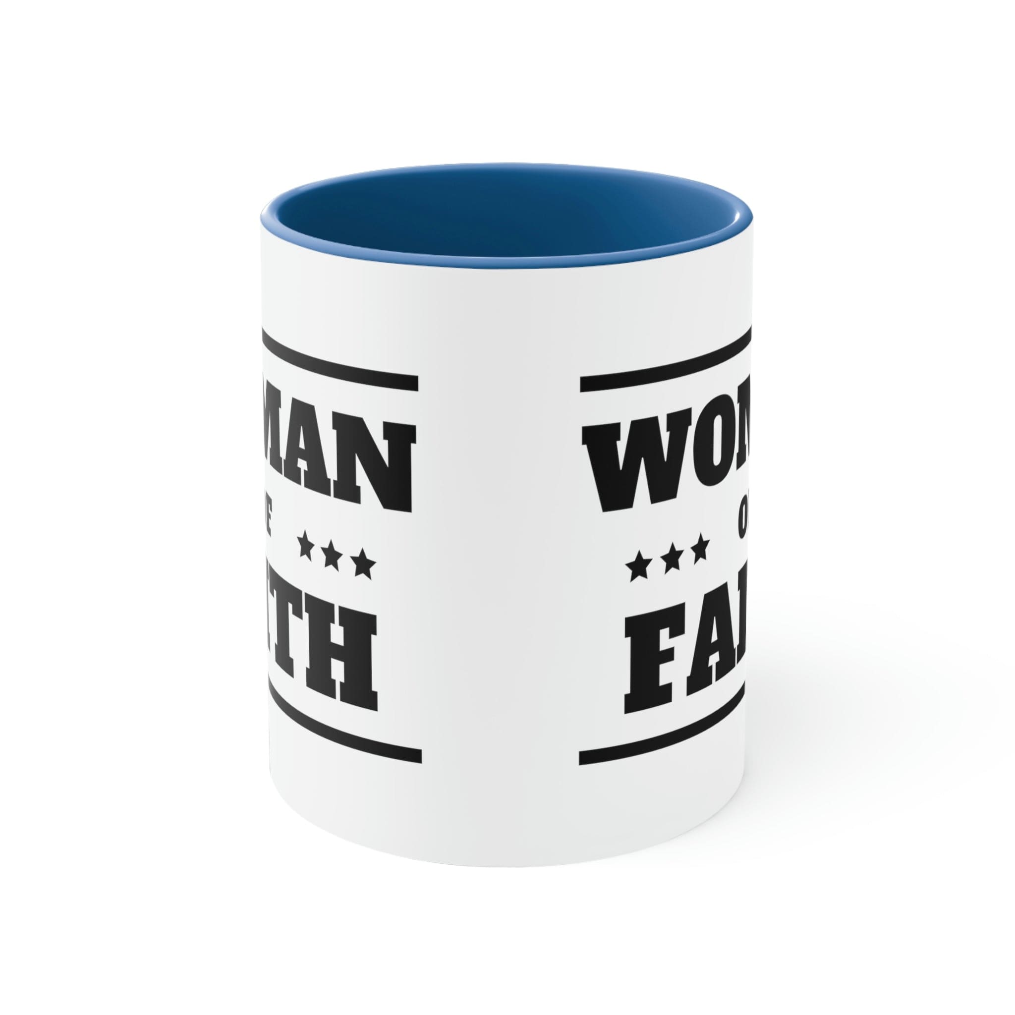 Two-tone Accent Ceramic Mug with Woman of Faith illustration, featuring a white exterior and colorful interior and handle.