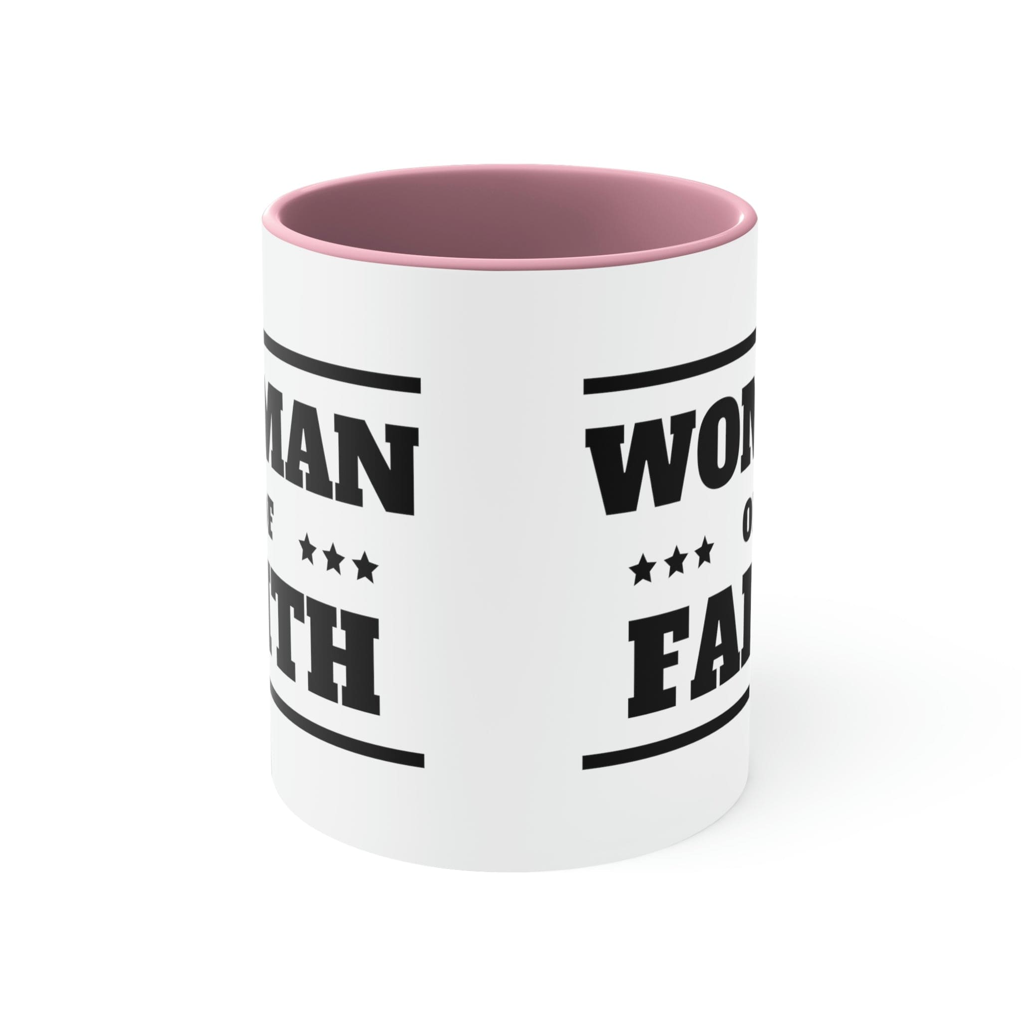 Two-tone Accent Ceramic Mug with Woman of Faith illustration, featuring a white exterior and colorful interior and handle.