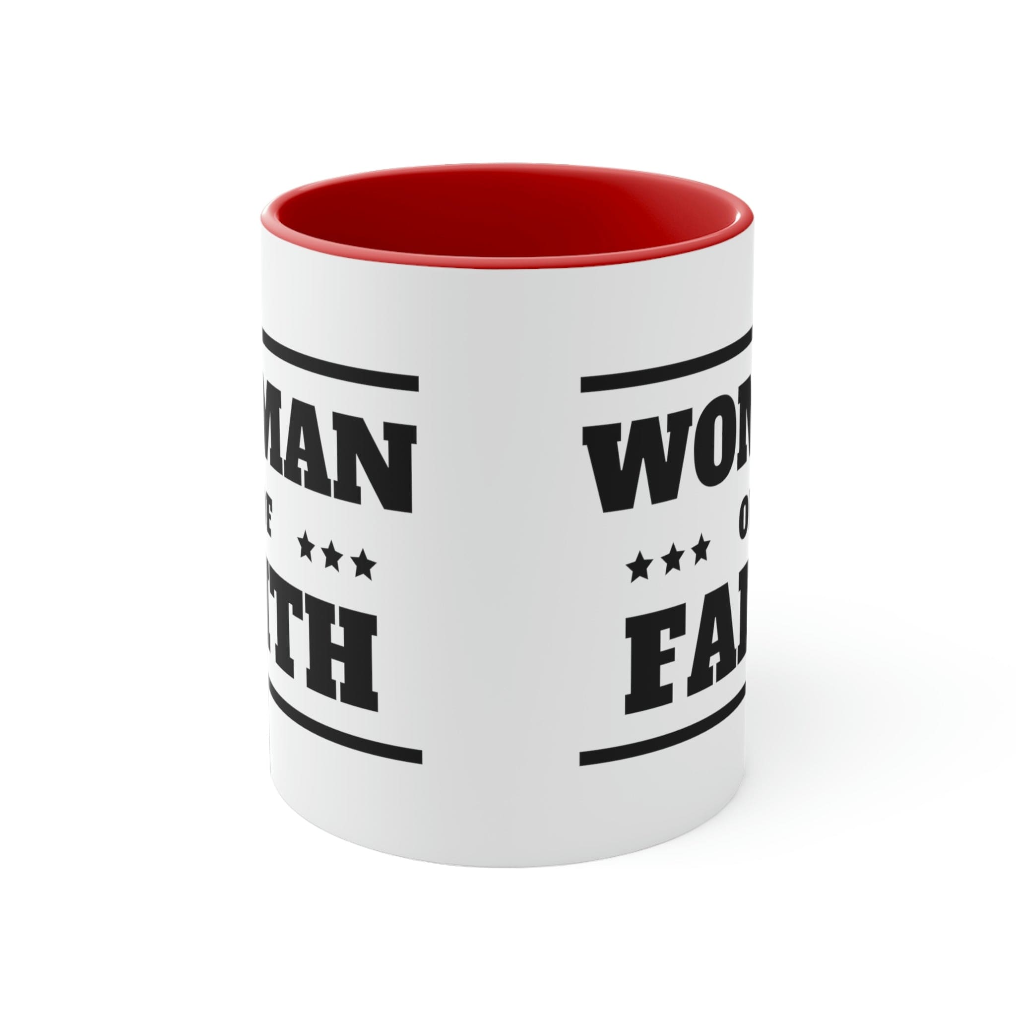 Two-tone Accent Ceramic Mug with Woman of Faith illustration, featuring a white exterior and colorful interior and handle.