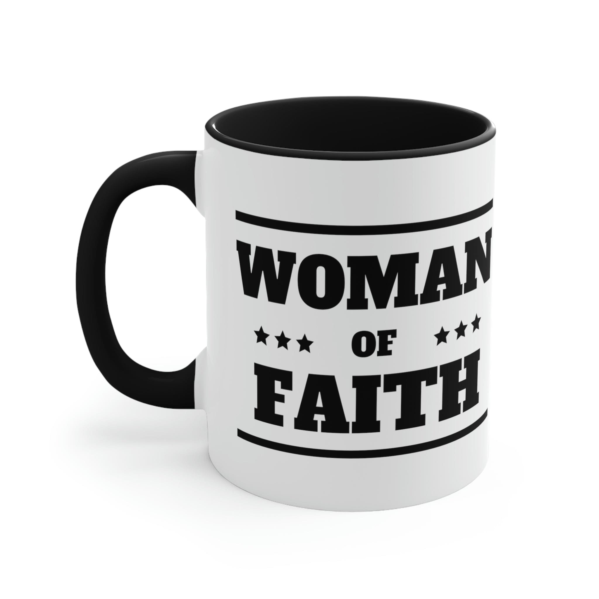 Two-tone Accent Ceramic Mug with Woman of Faith illustration, featuring a white exterior and colorful interior and handle.
