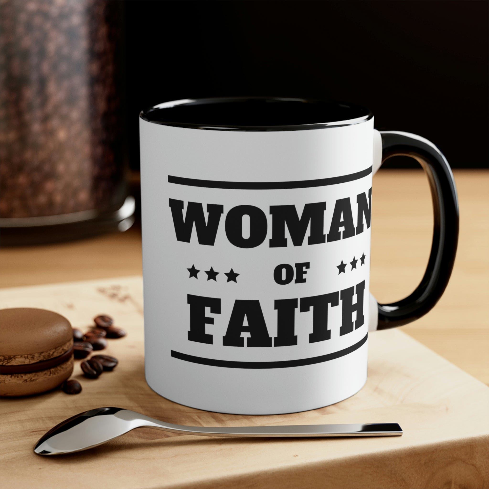 Two-tone Accent Ceramic Mug with Woman of Faith illustration, featuring a white exterior and colorful interior and handle.