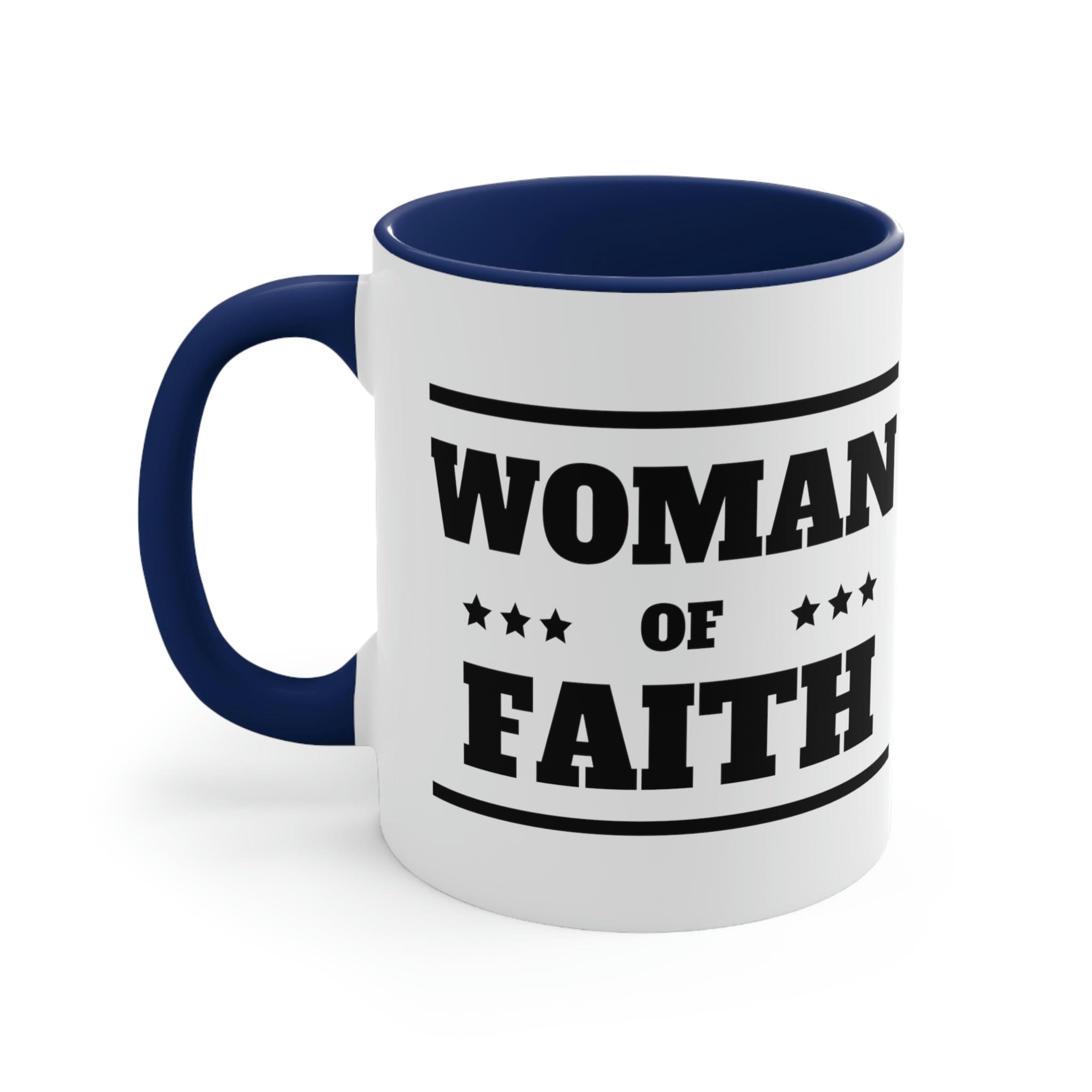 Two-tone Accent Ceramic Mug with Woman of Faith illustration, featuring a white exterior and colorful interior and handle.