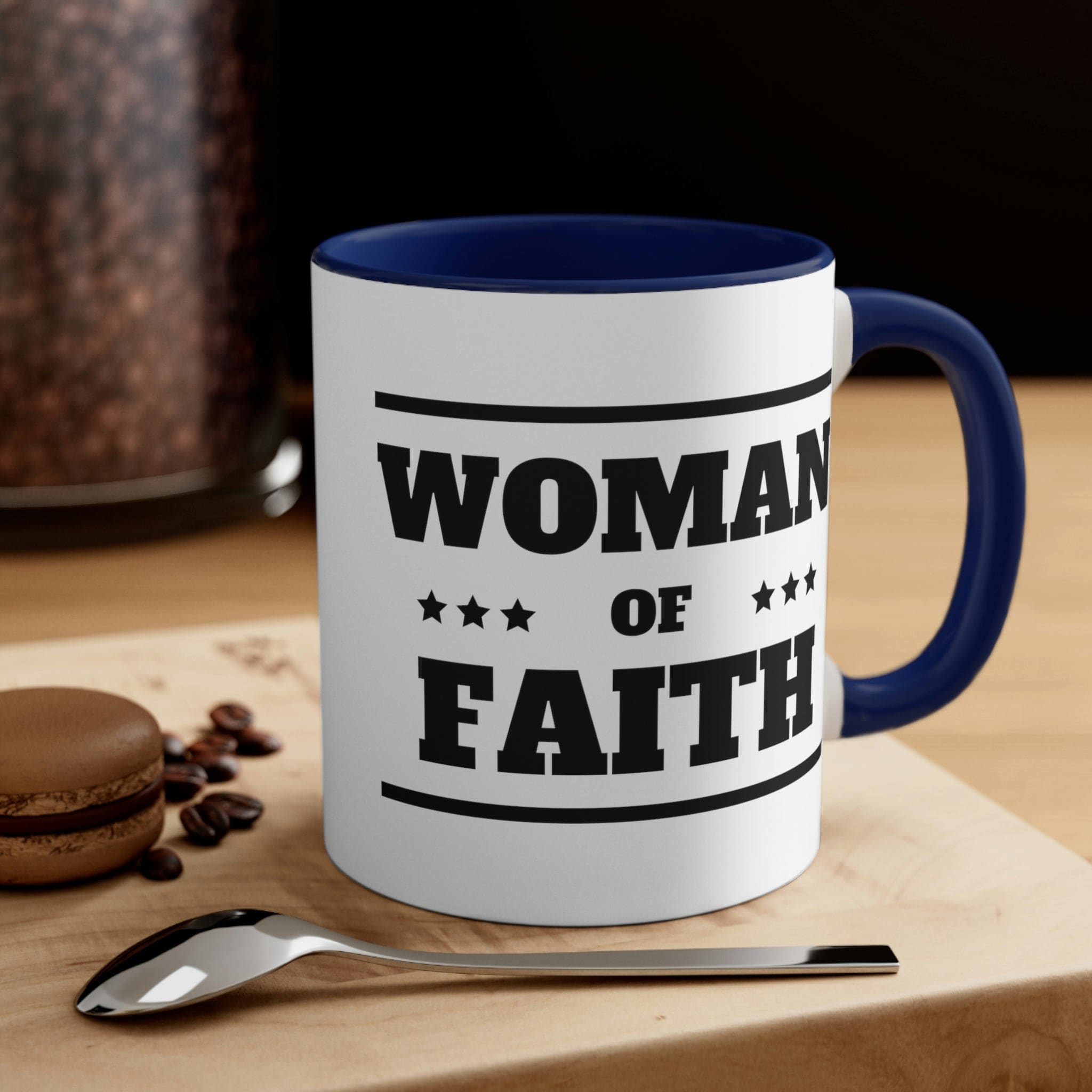 Two-tone Accent Ceramic Mug with Woman of Faith illustration, featuring a white exterior and colorful interior and handle.