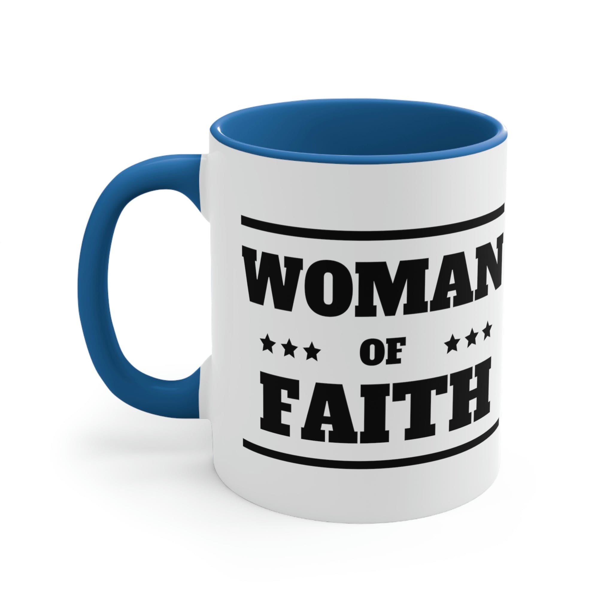 Two-tone Accent Ceramic Mug with Woman of Faith illustration, featuring a white exterior and colorful interior and handle.
