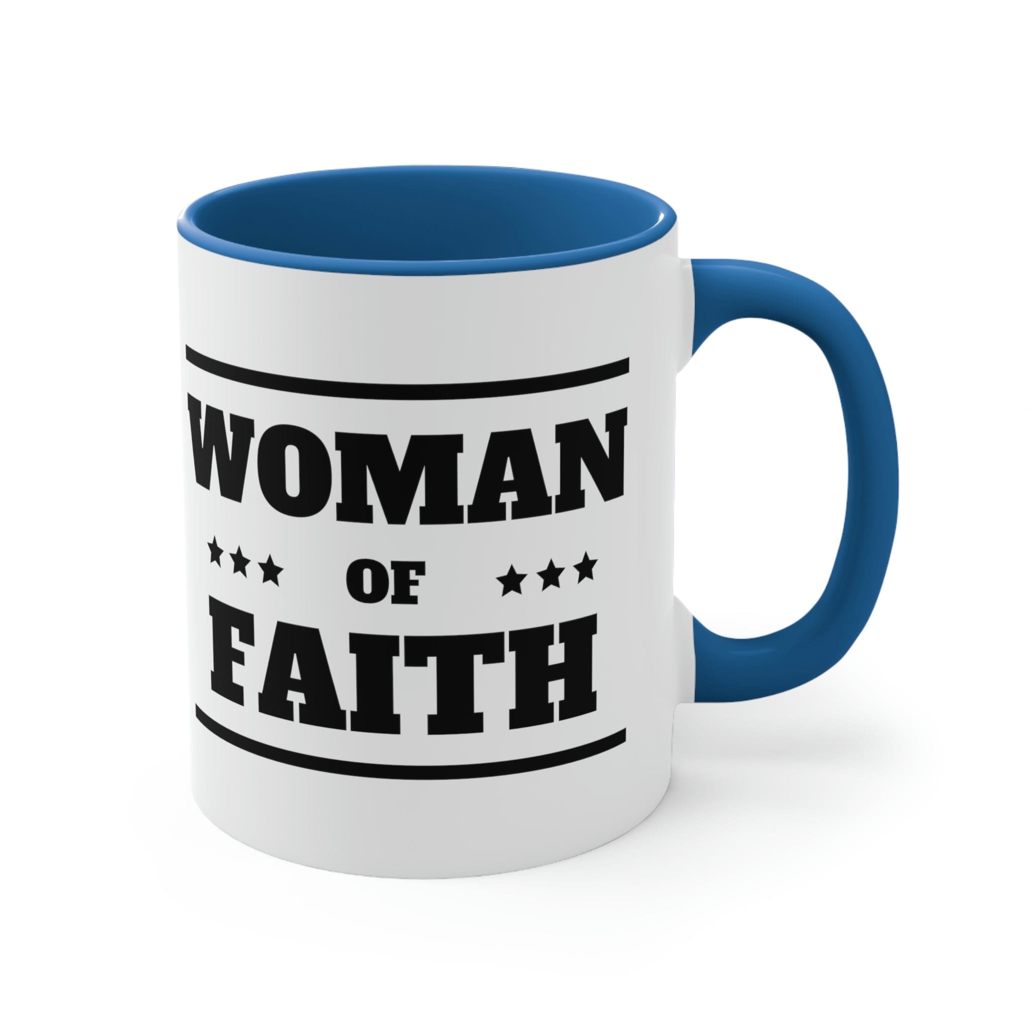 Two-tone Accent Ceramic Mug with Woman of Faith illustration, featuring a white exterior and colorful interior and handle.