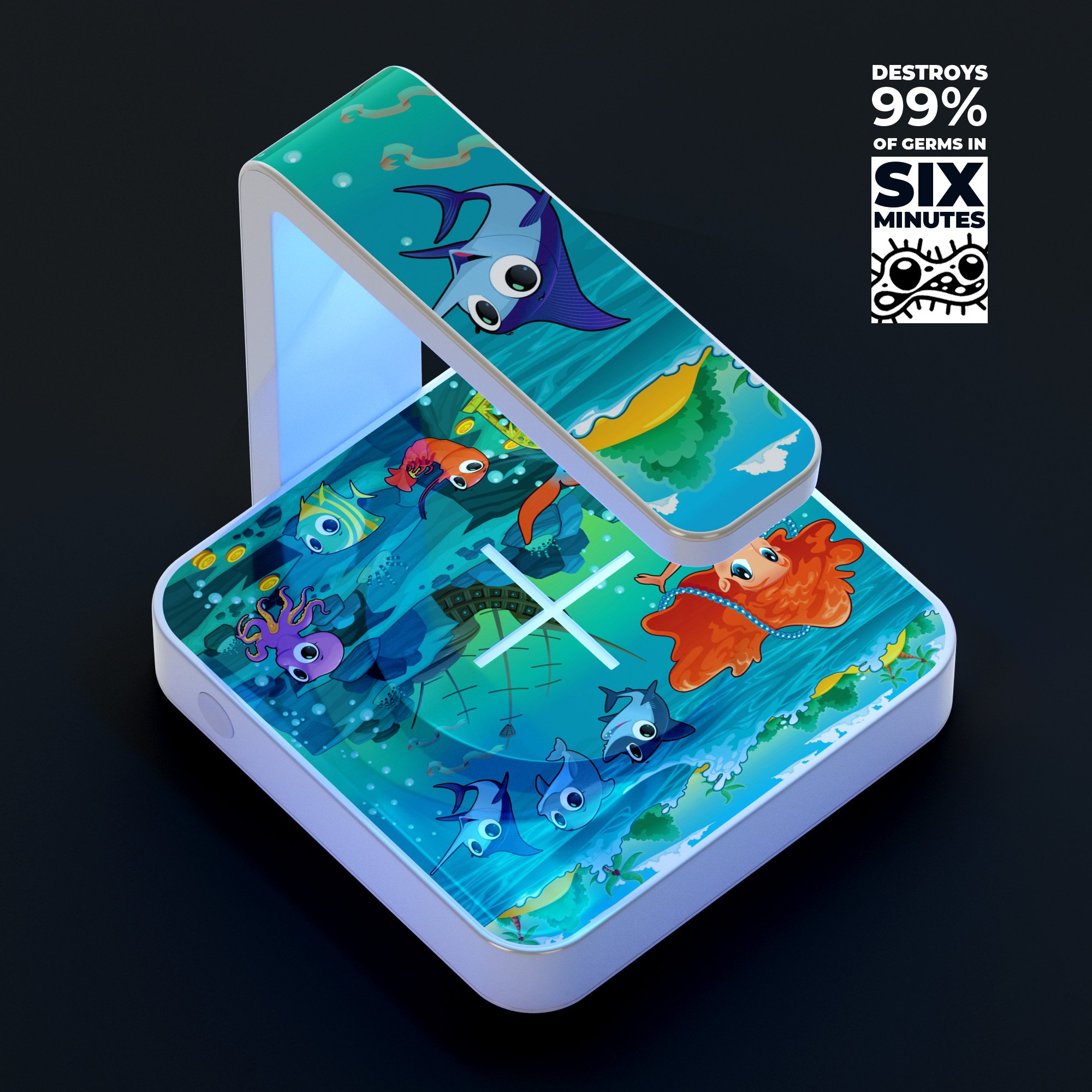 Under the Sea Mermaid V2 UV Germicidal Sanitizing Wireless Charger with decorative skin and USB cable.