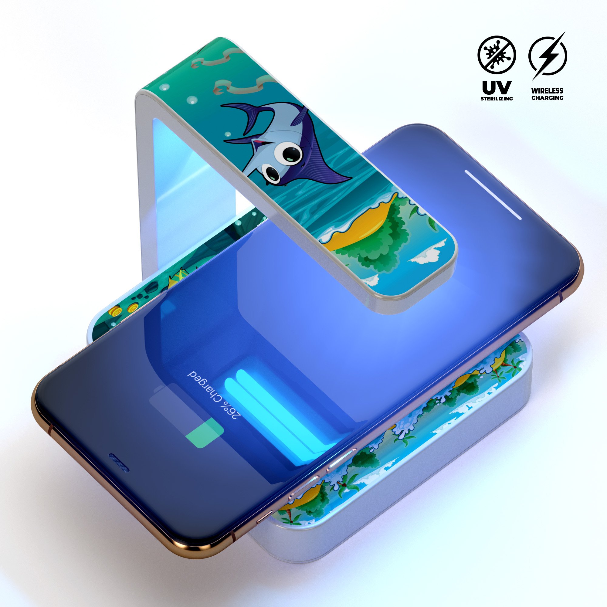Under the Sea Mermaid V2 UV Germicidal Sanitizing Wireless Charger with decorative skin and USB cable.
