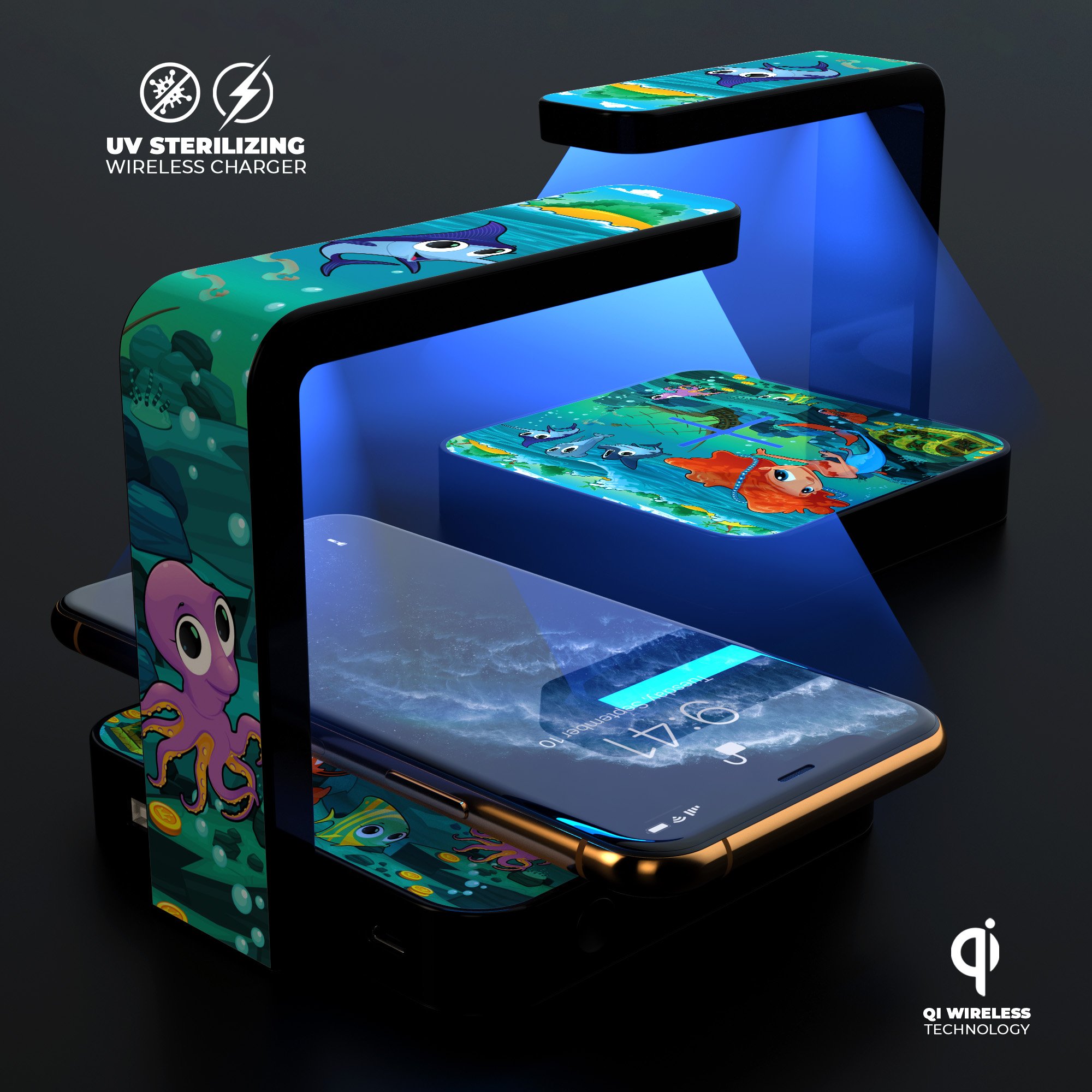 Under the Sea Mermaid V2 UV Germicidal Sanitizing Wireless Charger with decorative skin and USB cable.