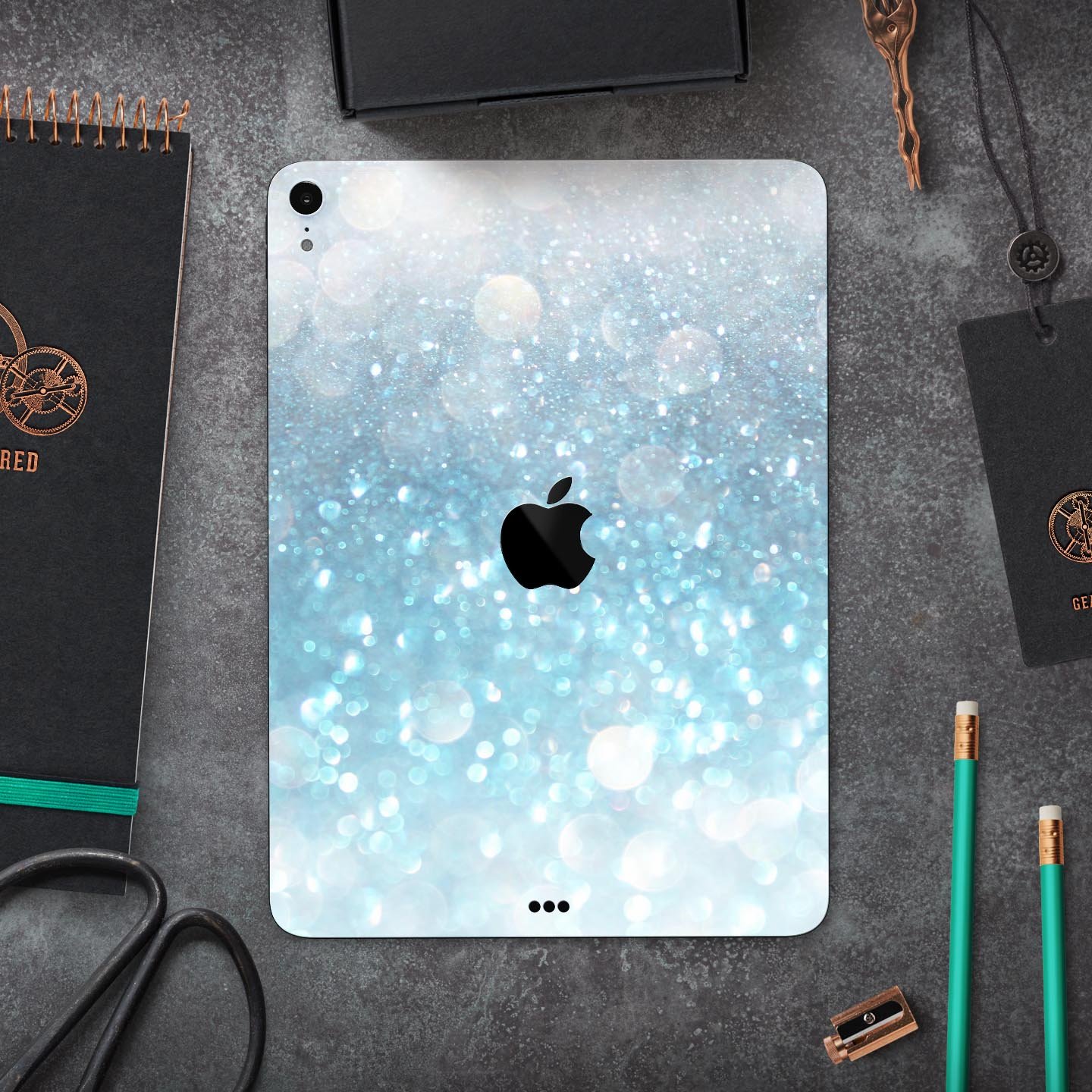 Unfocused Abstract Blue Rain skin decal for Apple iPad, showcasing vibrant blue abstract design on a sleek surface.