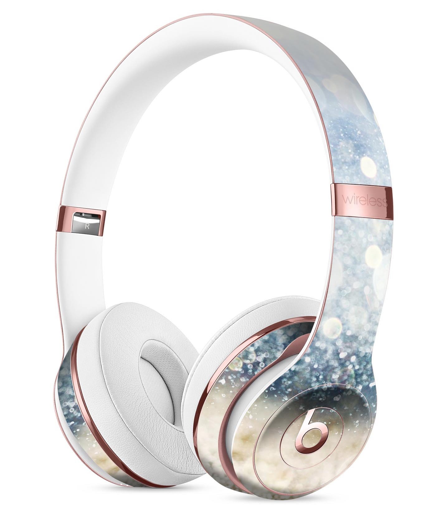 Unfocused Blue and Gold Sparkles Full-Body Skin Kit for Beats by Dre Solo 3 Wireless Headphones, showcasing vibrant colors and stylish design.