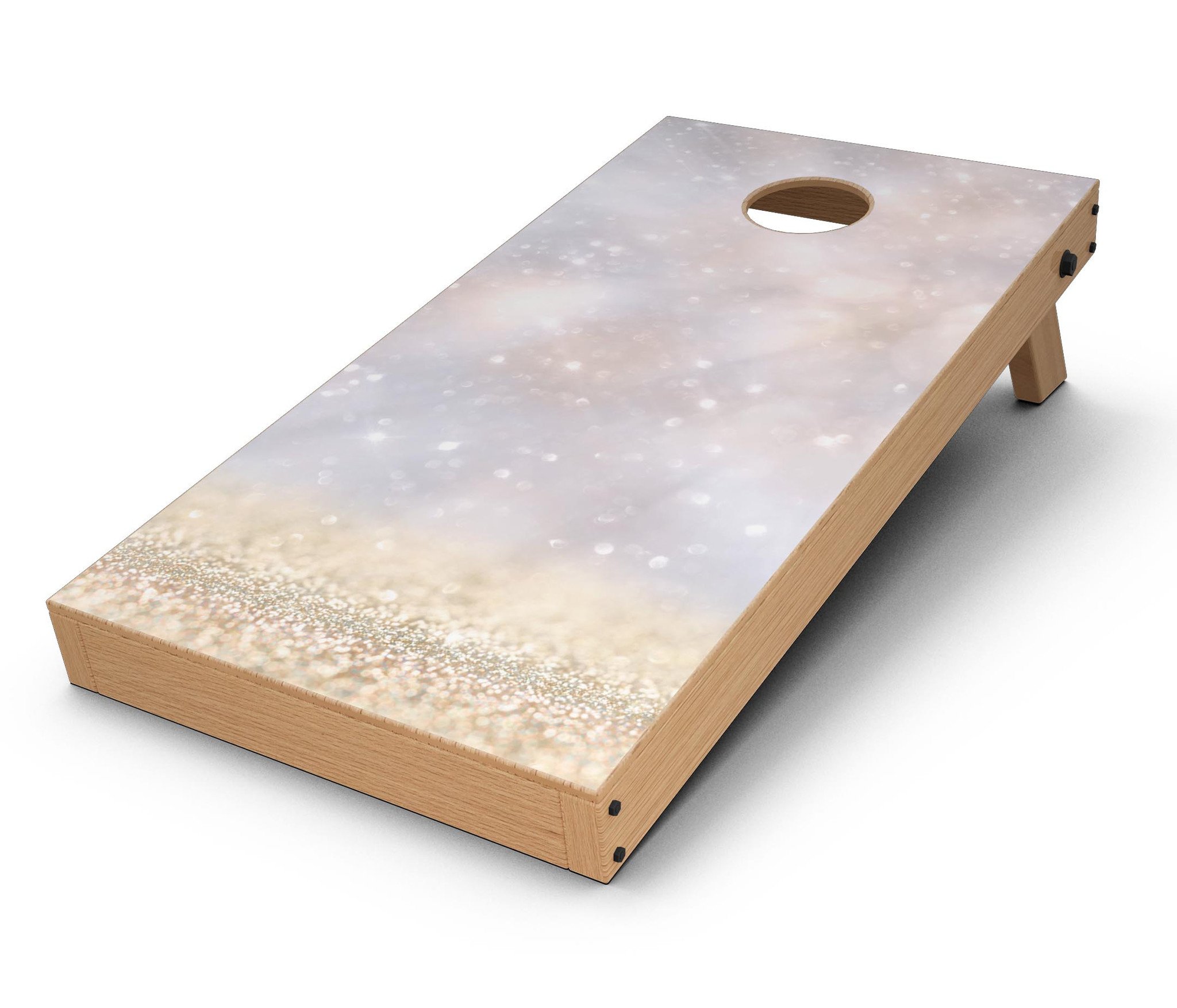 Unfocused Glowing Lights Cornhole Board Skin Decal Kit showcasing vibrant colors and intricate patterns on a Cornhole board.