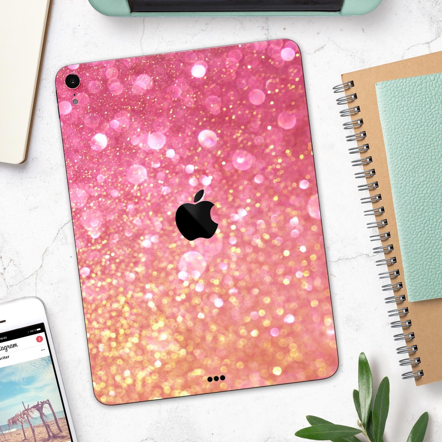 Unfocused Pink and Gold Orbs skin decal for Apple iPad, showcasing vibrant colors and a sleek design.