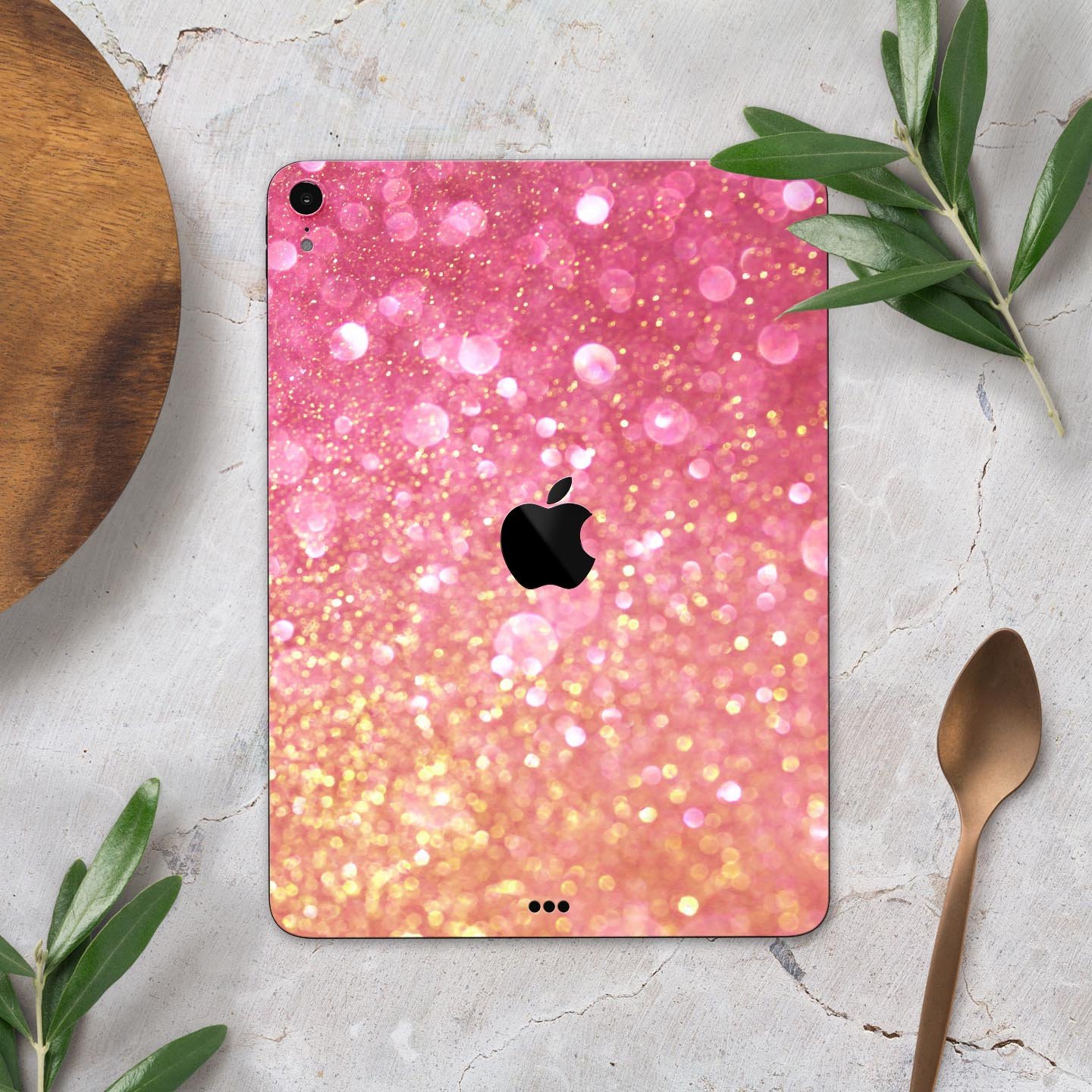 Unfocused Pink and Gold Orbs skin decal for Apple iPad, showcasing vibrant colors and a sleek design.