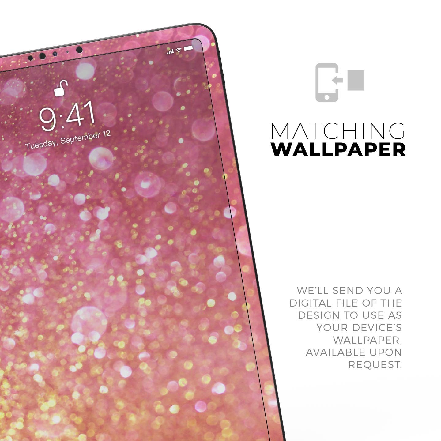 Unfocused Pink and Gold Orbs skin decal for Apple iPad, showcasing vibrant colors and a sleek design.