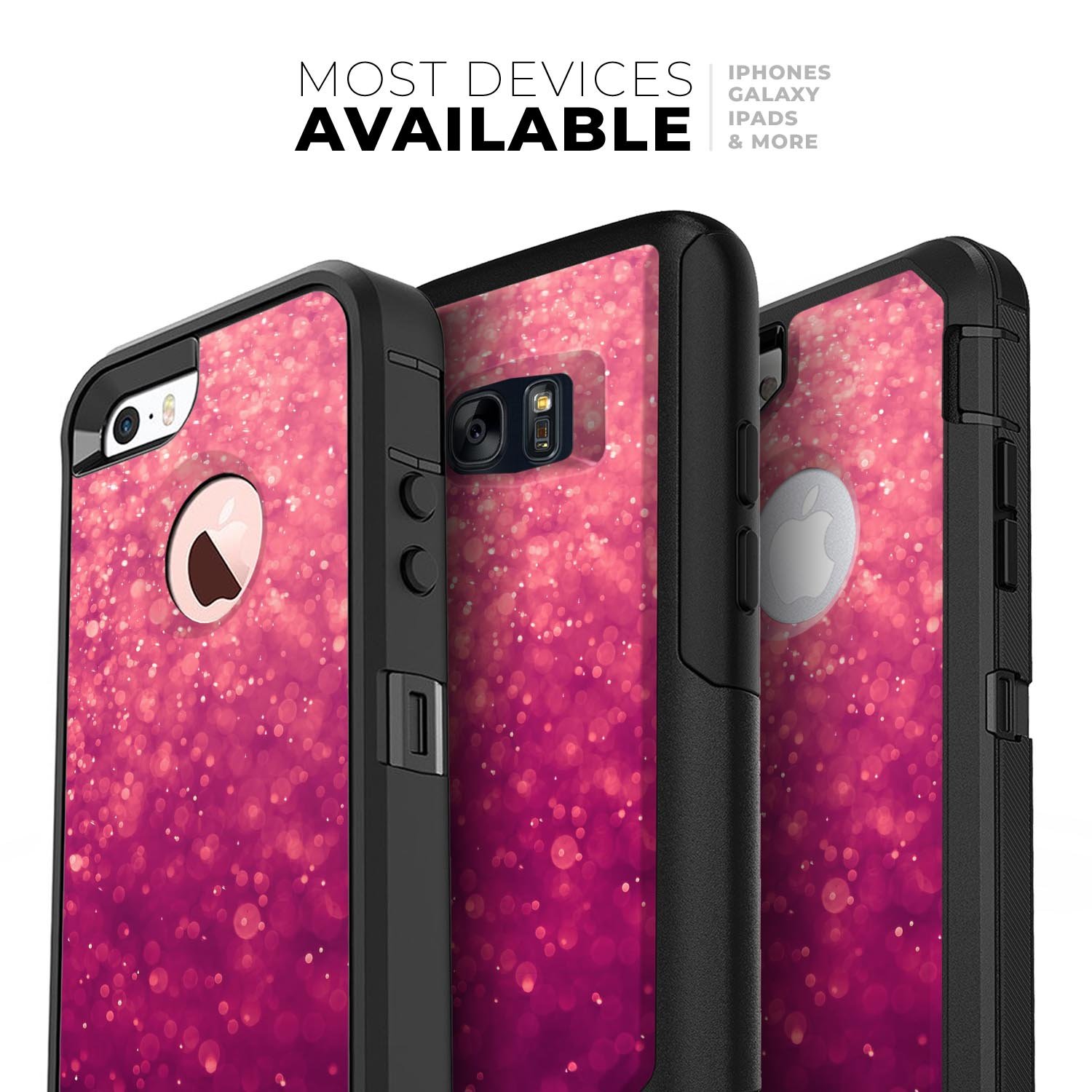 Unfocused Pink Glimmer Skin Kit for iPhone OtterBox Cases, showcasing vibrant pink design and premium quality materials.