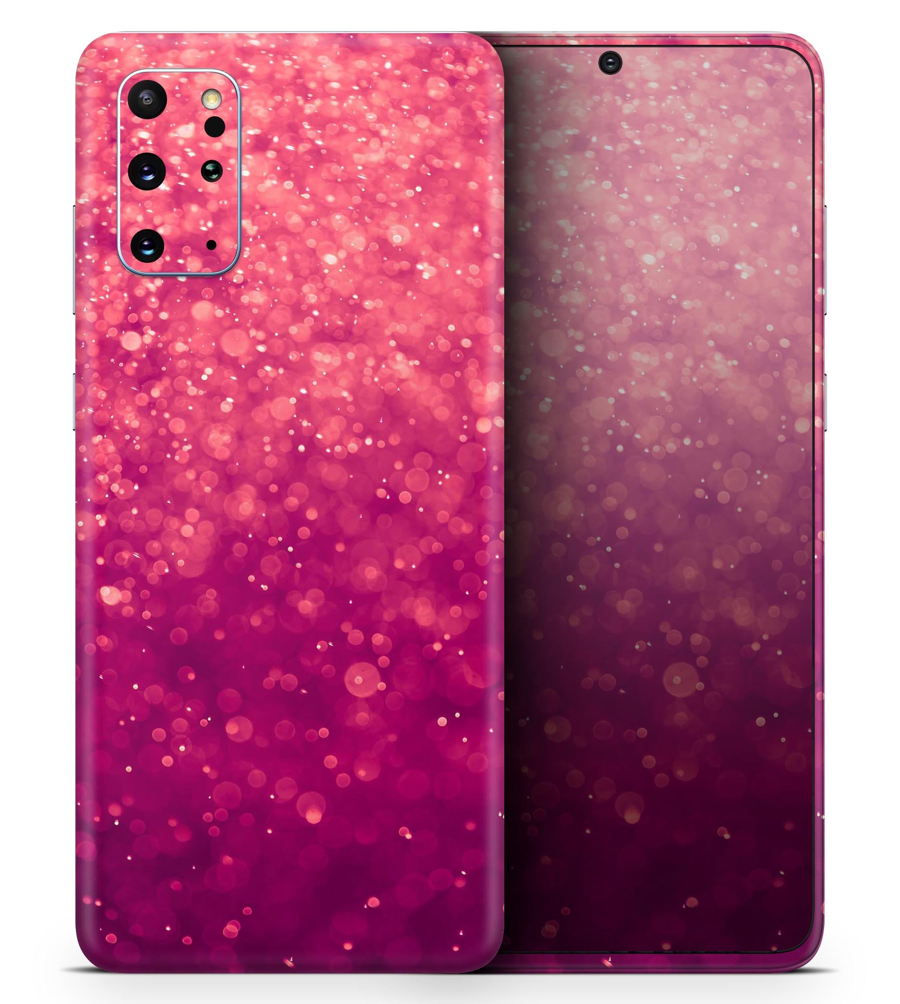 Unfocused Pink Glimmer Skin-Kit for Samsung Galaxy S20, showcasing a stylish design with a glossy finish.