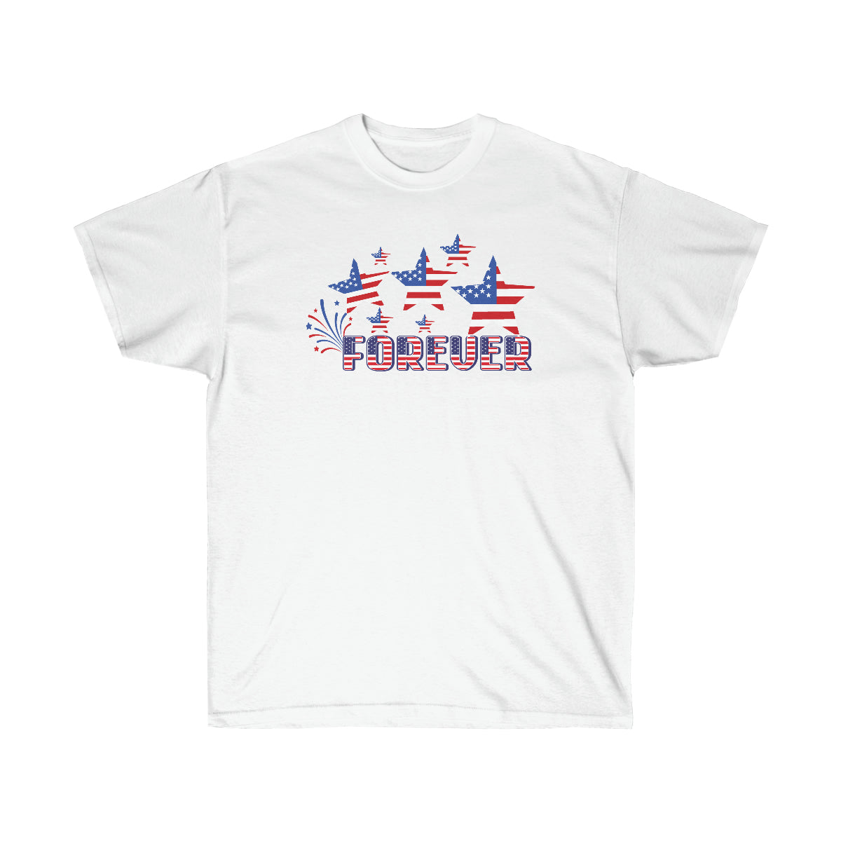 A unisex short sleeve graphic t-shirt featuring a vibrant Stars and Stripes Forever print, made from 100% cotton.
