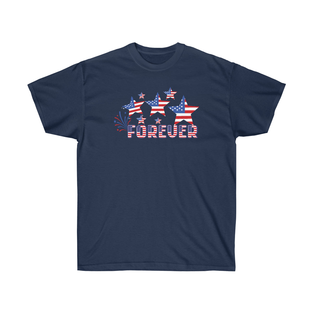 A unisex short sleeve graphic t-shirt featuring a vibrant Stars and Stripes Forever print, made from 100% cotton.