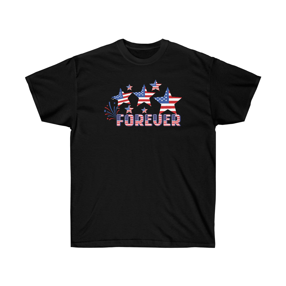 A unisex short sleeve graphic t-shirt featuring a vibrant Stars and Stripes Forever print, made from 100% cotton.
