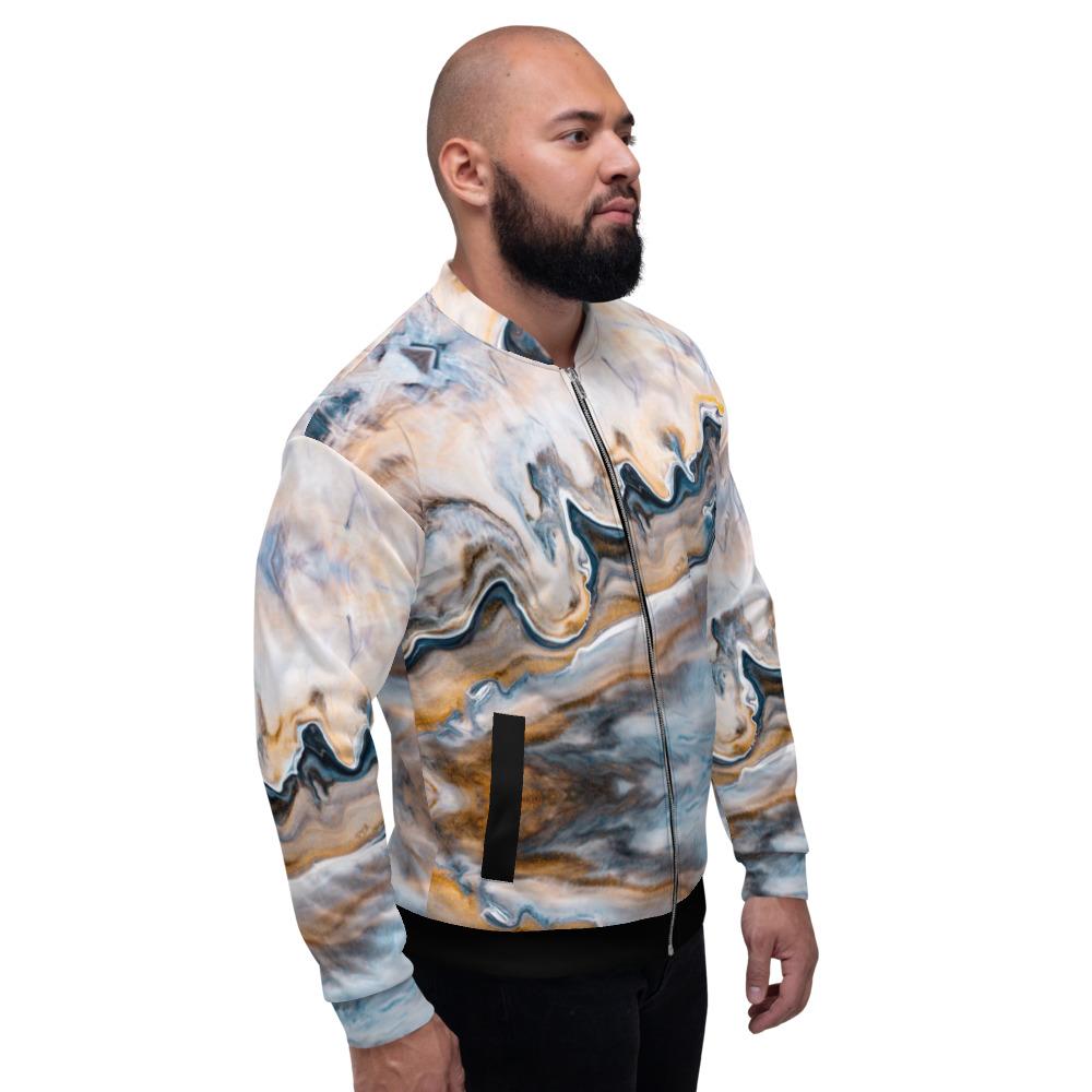 Uniquely You Mens Jacket featuring a vibrant Retro Ocean Swirl design, showcasing its brushed fleece interior and stylish bomber silhouette.