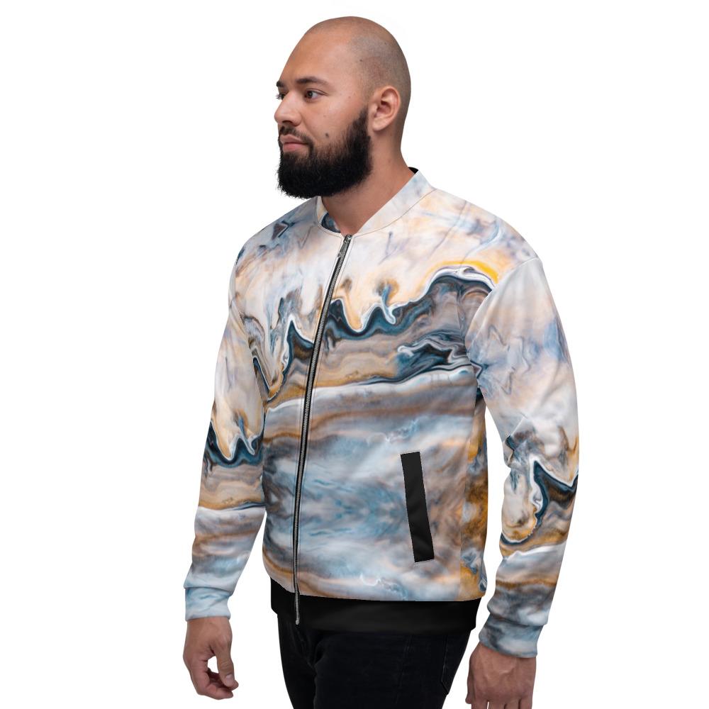 Uniquely You Mens Jacket featuring a vibrant Retro Ocean Swirl design, showcasing its brushed fleece interior and stylish bomber silhouette.