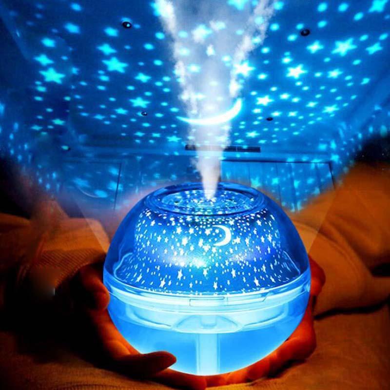 USB Crystal Night Lamp Projector with 500ml Air Humidifier, showcasing its sleek silver design and mist output.