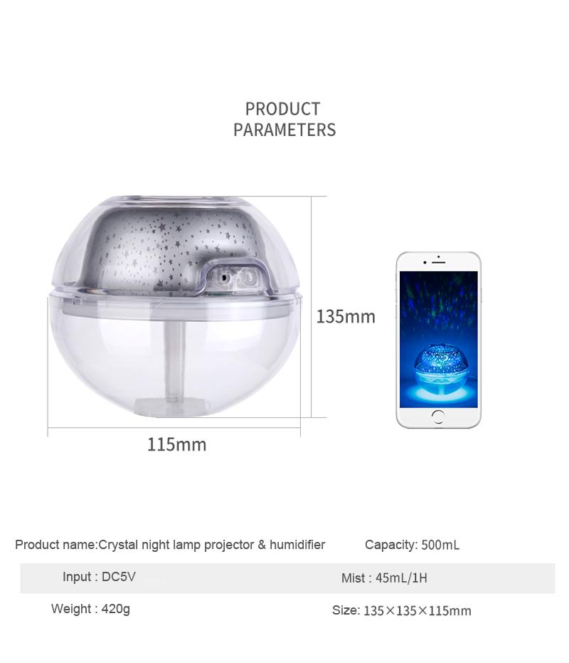USB Crystal Night Lamp Projector with 500ml Air Humidifier, showcasing its sleek silver design and mist output.
