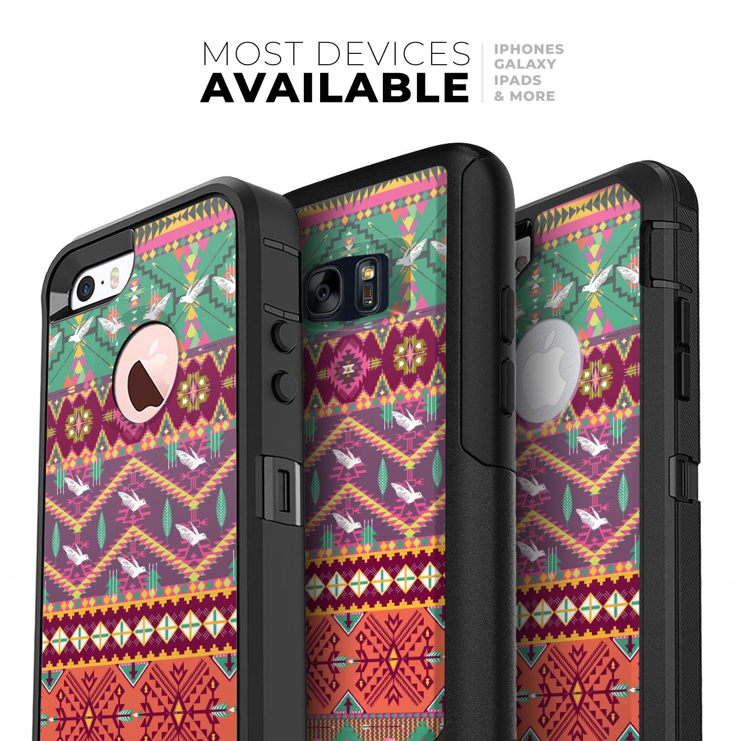 Vector Aztec Birdy Pattern Skin Kit for iPhone OtterBox cases featuring vibrant colors and intricate design.