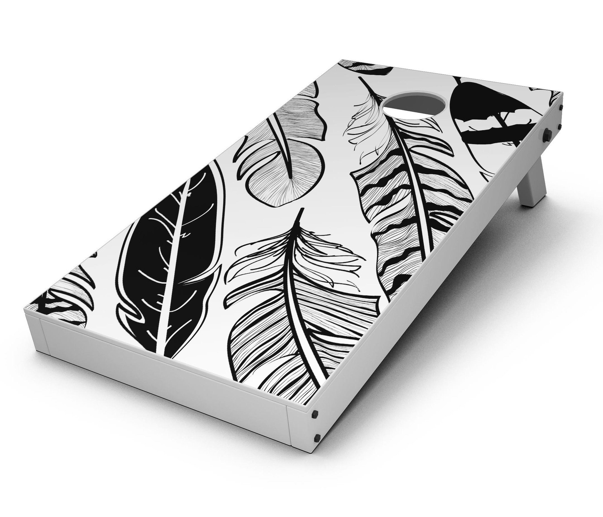Vector Black and White Feathers Cornhole Board Skin Decal Kit displayed on a Cornhole board, showcasing its elegant design.
